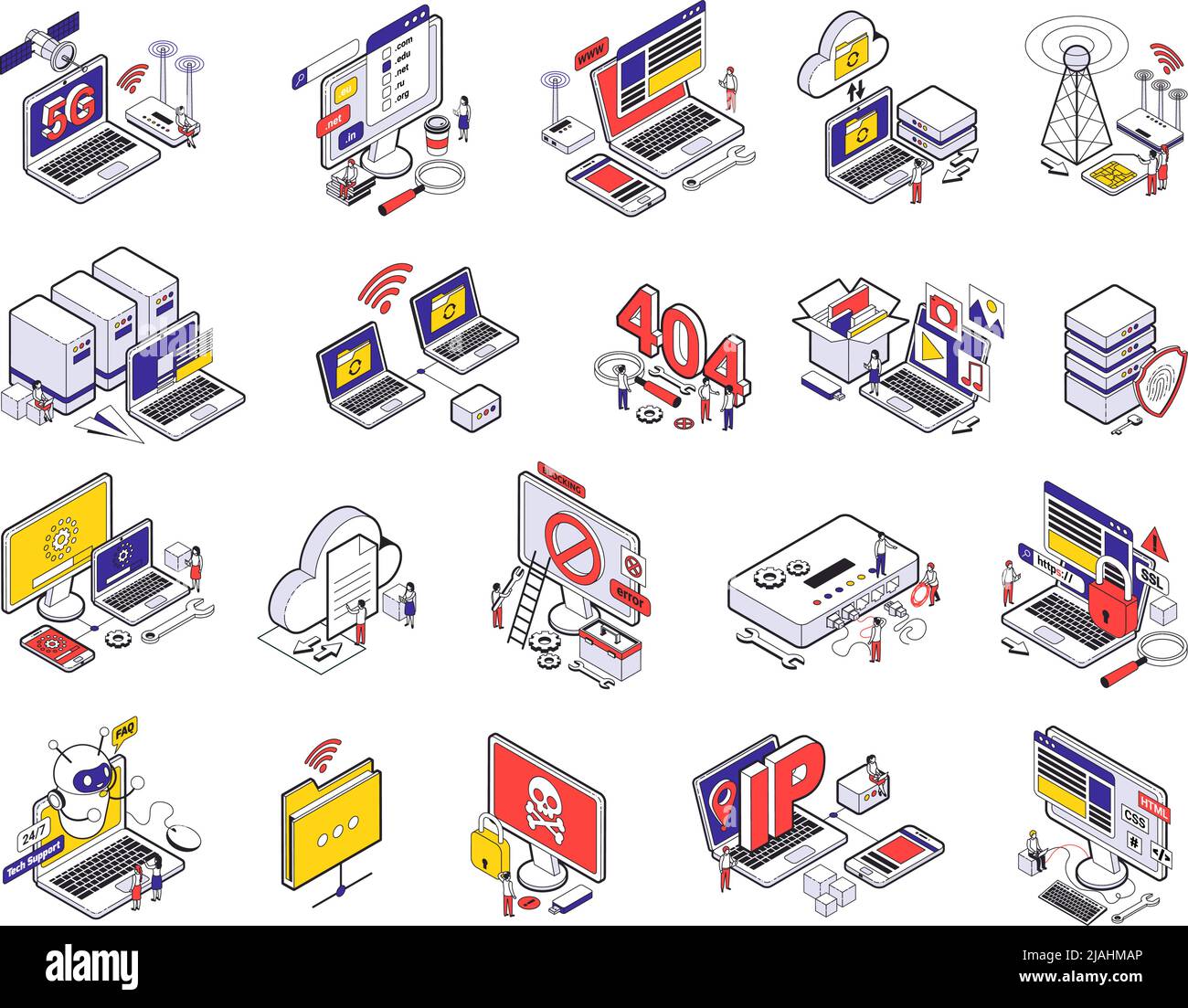 Web hosting isometric and isolated icon set with abstract situations elements signs vector illustration Stock Vector