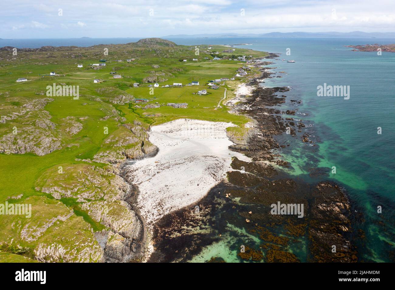 Aerial view from drone of Traigh Mhor Beach  on Isle of Iona, Argyll and Bute, Scotland, UK Stock Photo
