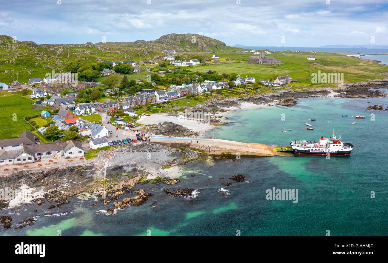 Aerial view from drone of Iona village at St Ronans Bay on Isle of Iona