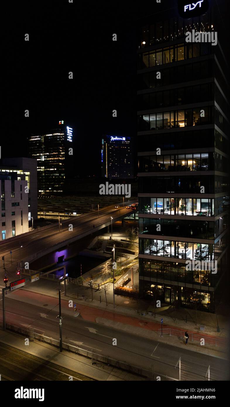 Nightscape of western barcode and Oslo S. Showing parts of the center for communication and business in the city. Stock Photo