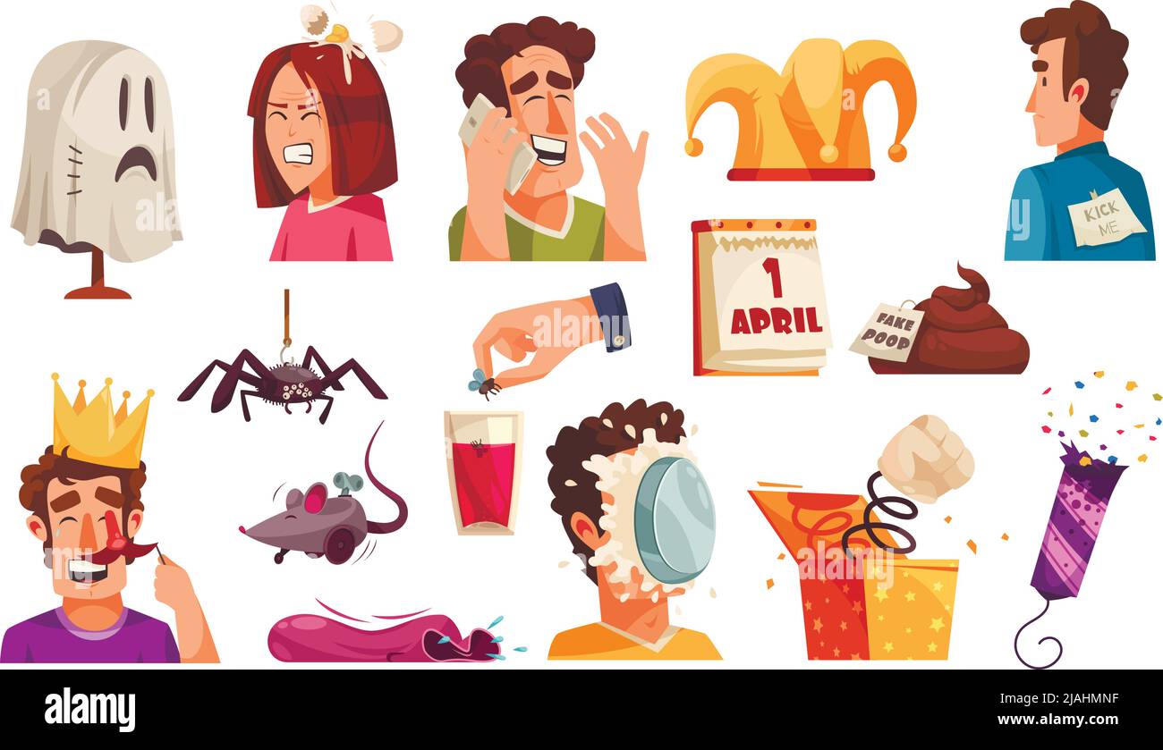 All fools day set of isolated icons with jokes vermins prank items with laughing human characters vector illustration Stock Vector