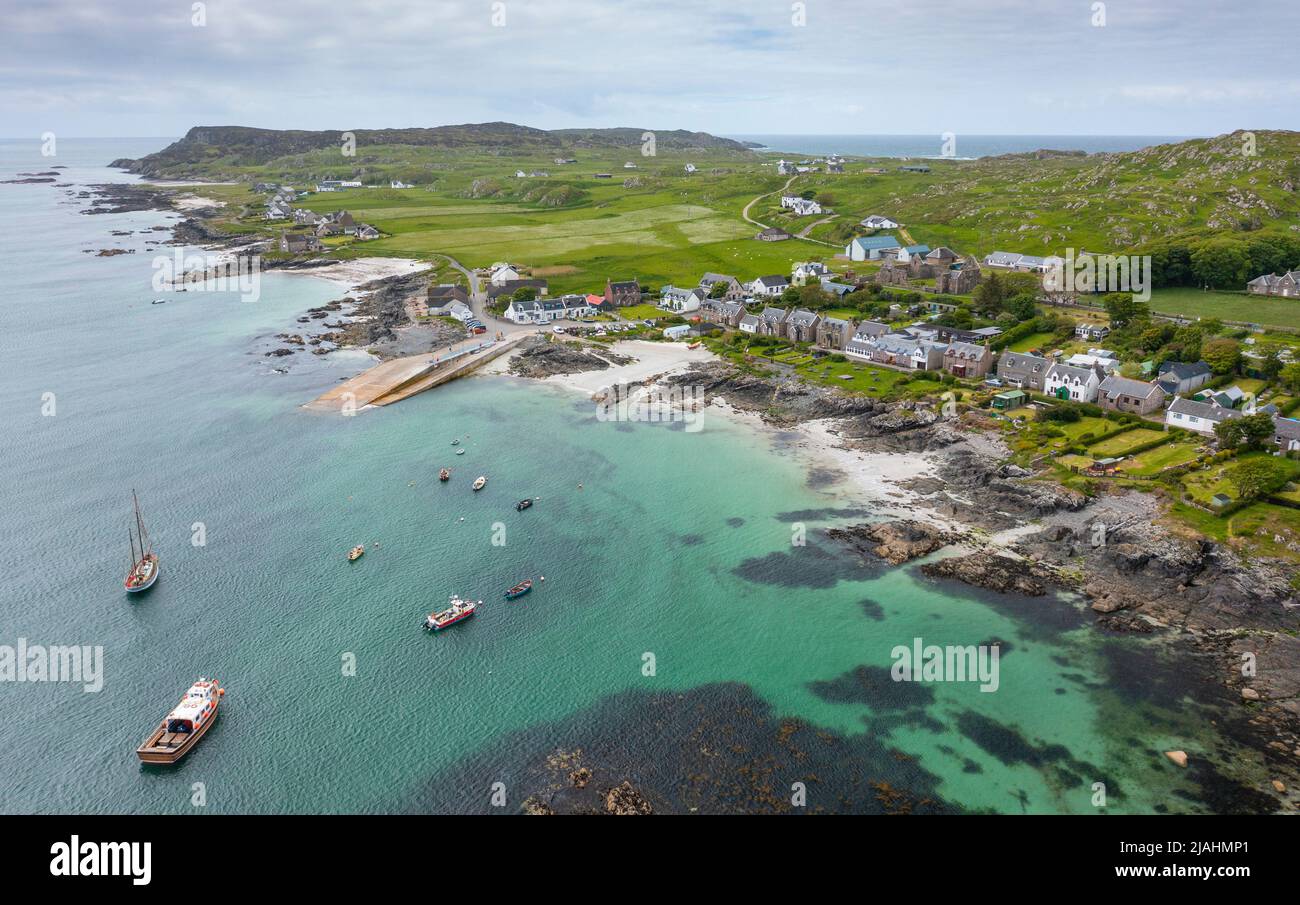 Aerial view from drone of Iona village at St Ronans Bay on Isle of Iona