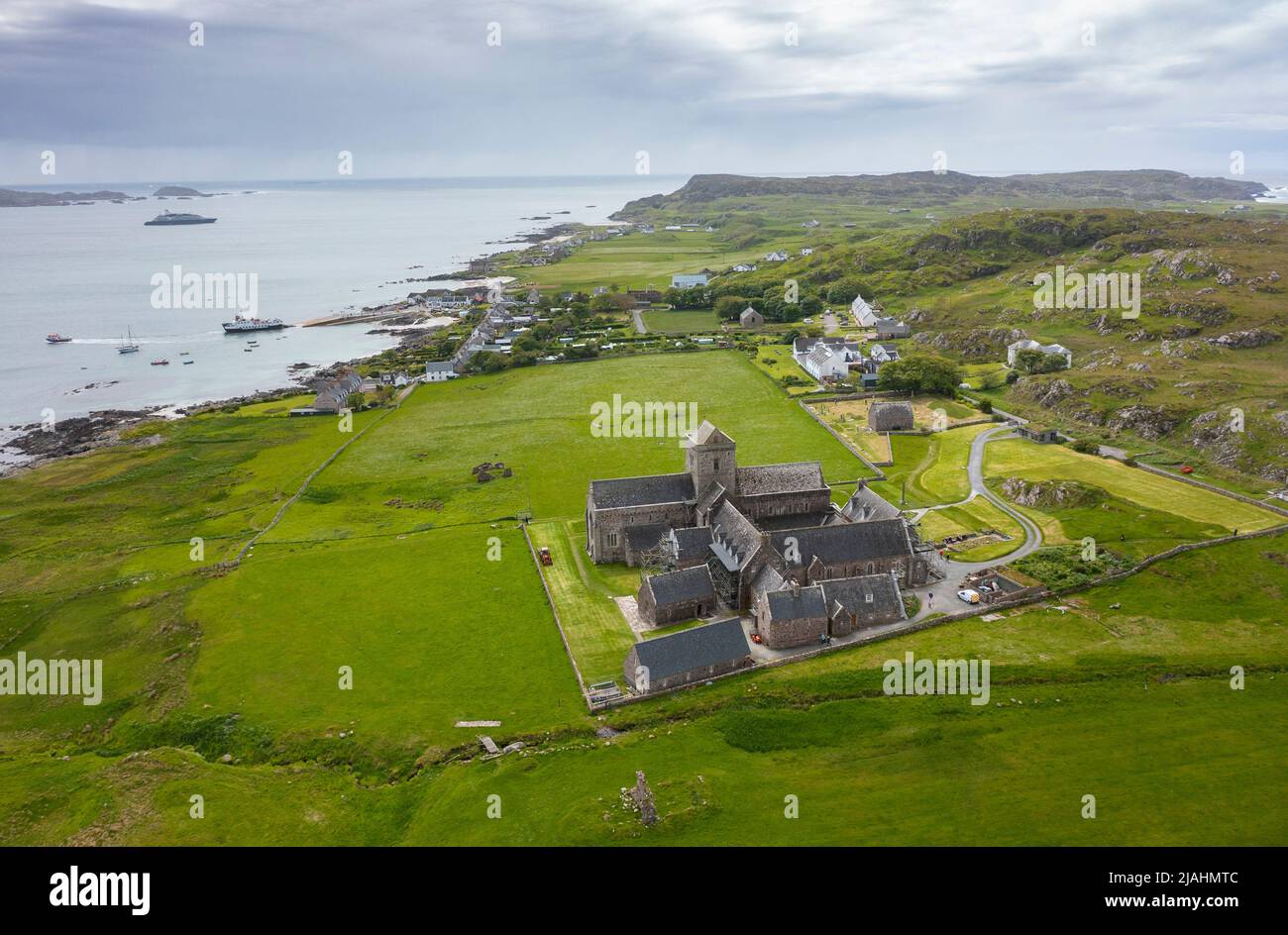 Aerial view from drone of Iona Abbey on Isle of Iona, Argyll and Bute, Scotland, UK Stock Photo