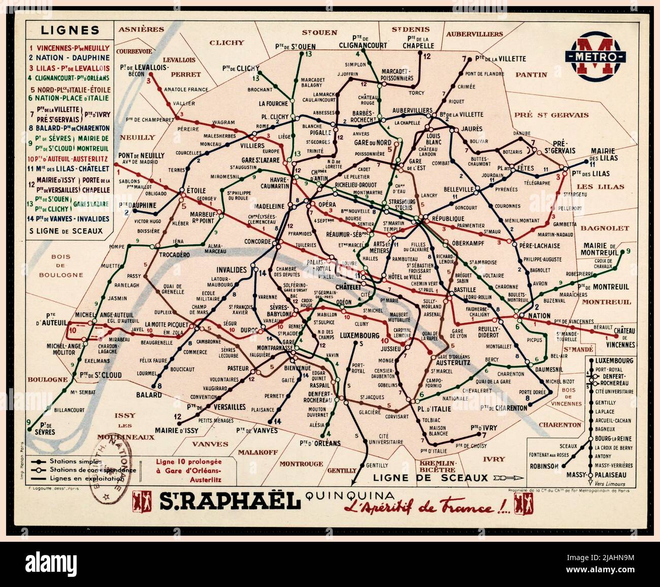 1939 Paris Metro Map Guide Métro. Plan officiel du réseau... distribué gratuitement dans toutes les stations . Compagnie du chemin de fer métropolitain de Paris. Map of the Paris Métro. at the outbreak of World War II WW2 Second World War Transport City France Underground Tube Network Archive MapDate 1939 Sponsored by St Raphael Quinquina L'Aperitif de France Stock Photo