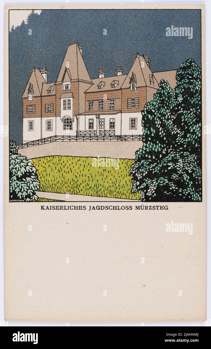 Postcard of Wiener Werkstätte No. 263: Imperial hunting lodge Mürzsteg. Josef (József) by Diveky (Divéky) (1887-1951), Artist, Wiener Werkstätte, Publishing House Stock Photo