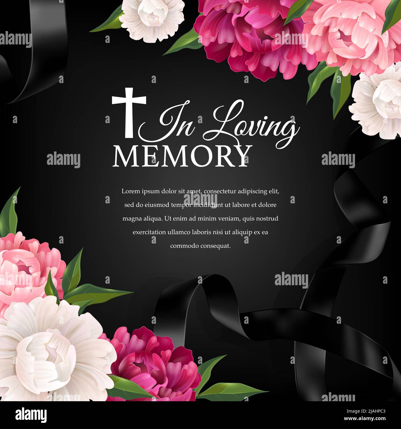 In loving memory background composition with flowers black ribbon and funeral cross with editable condolences text vector illustration Stock Vector