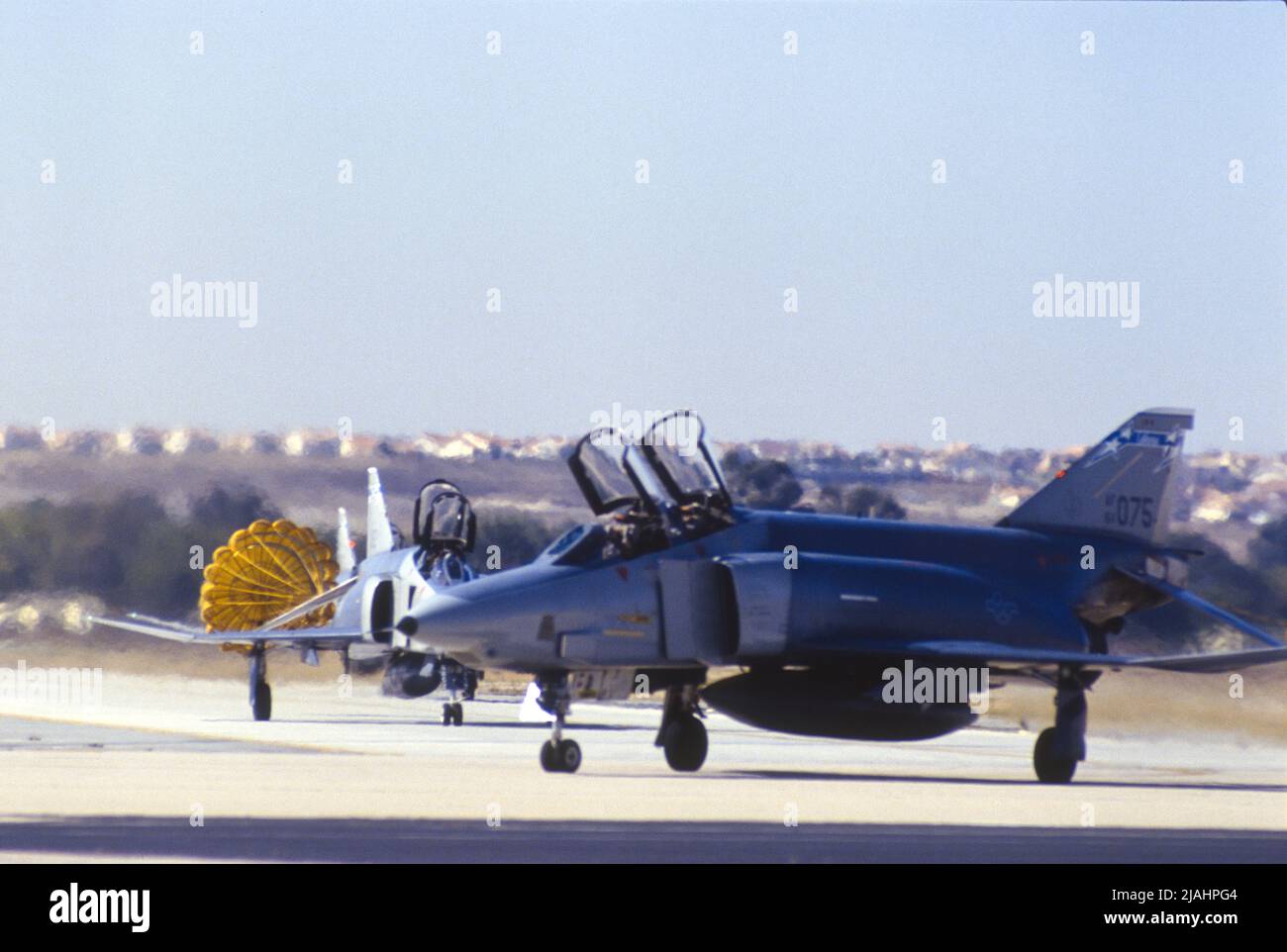 F4 Phantoms from 163rd Tactical Fighter Group, taxi at March Air Force Base in California after landing Stock Photo