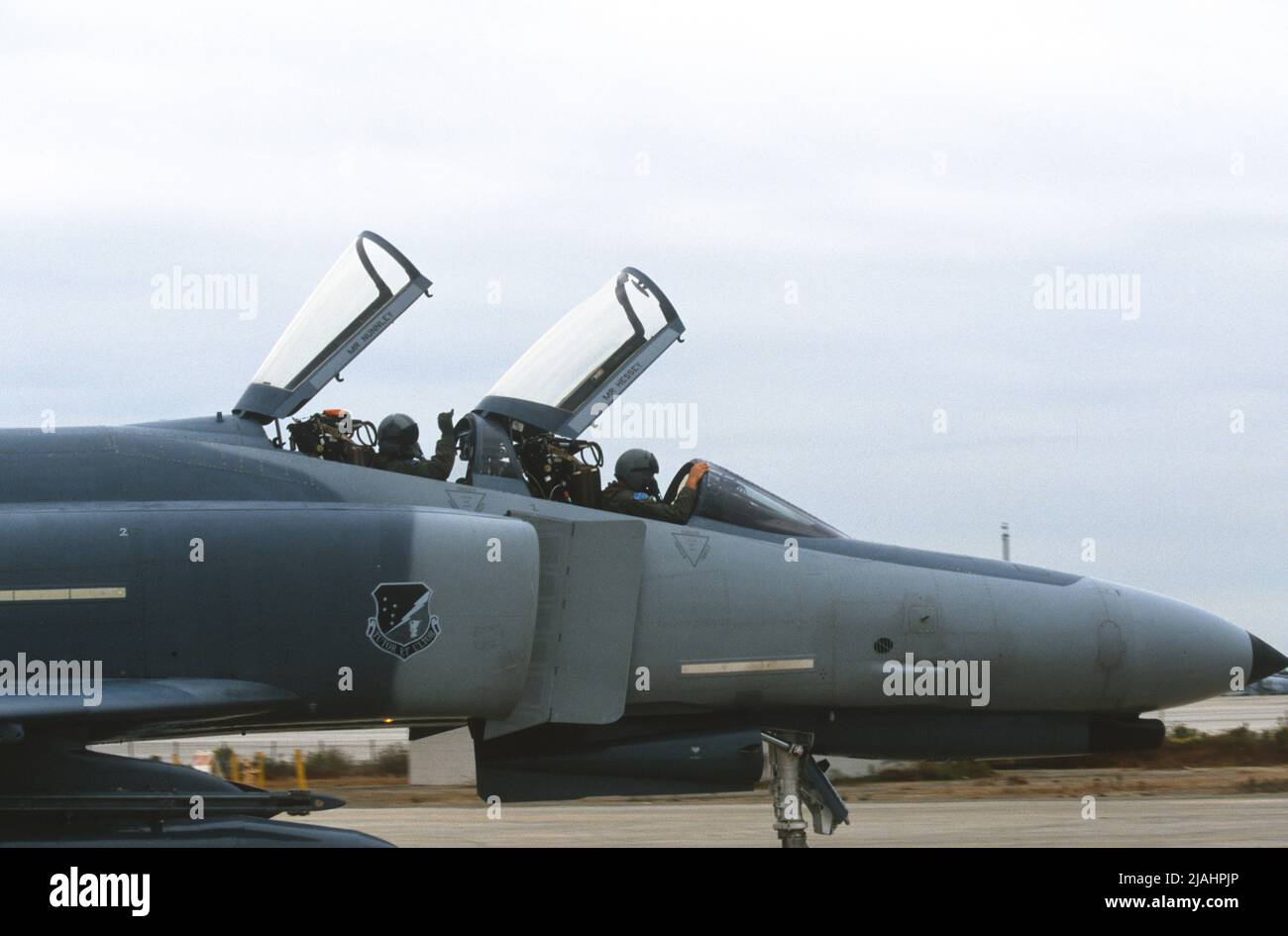 F4 Pilot and Weapons System Operator (WSO) taxi after landing Stock Photo