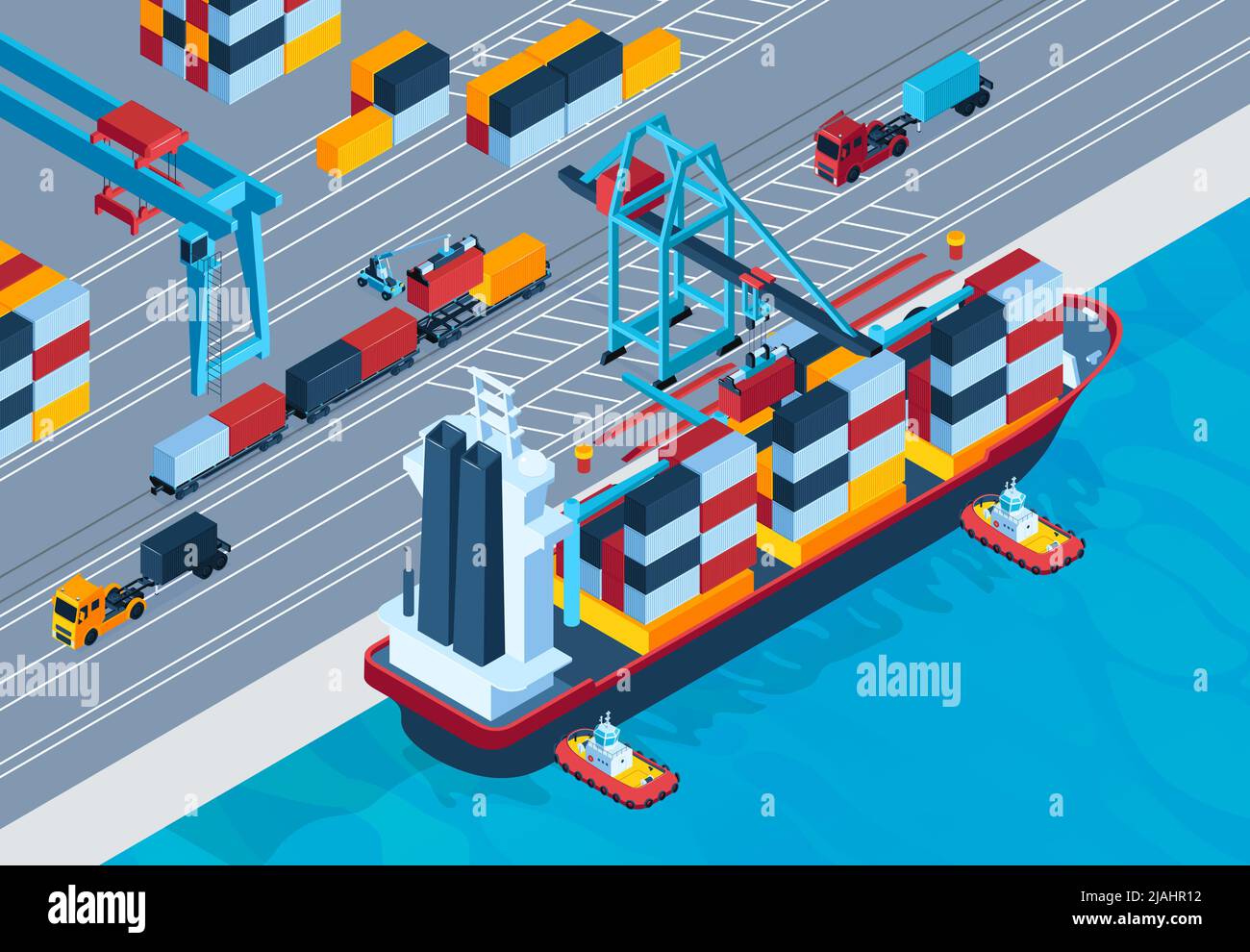 Marina isometric colored background with ship loaded with goods in ...
