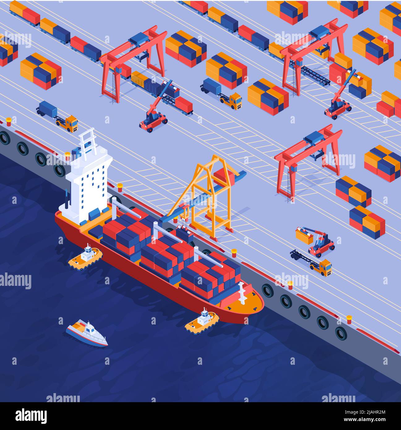 Sea container terminal isometric background with mooring cranes barge ...
