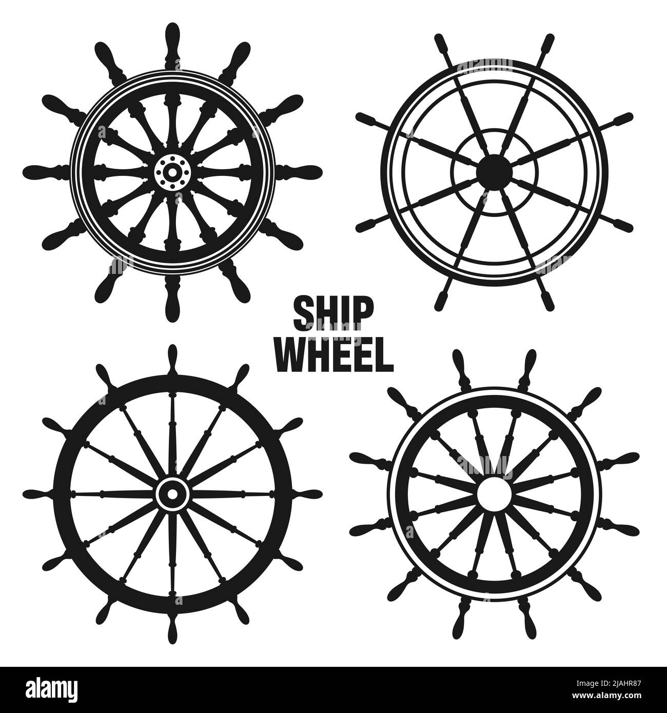 Collection of vintage steering wheels. Ship, yacht retro wheel symbol