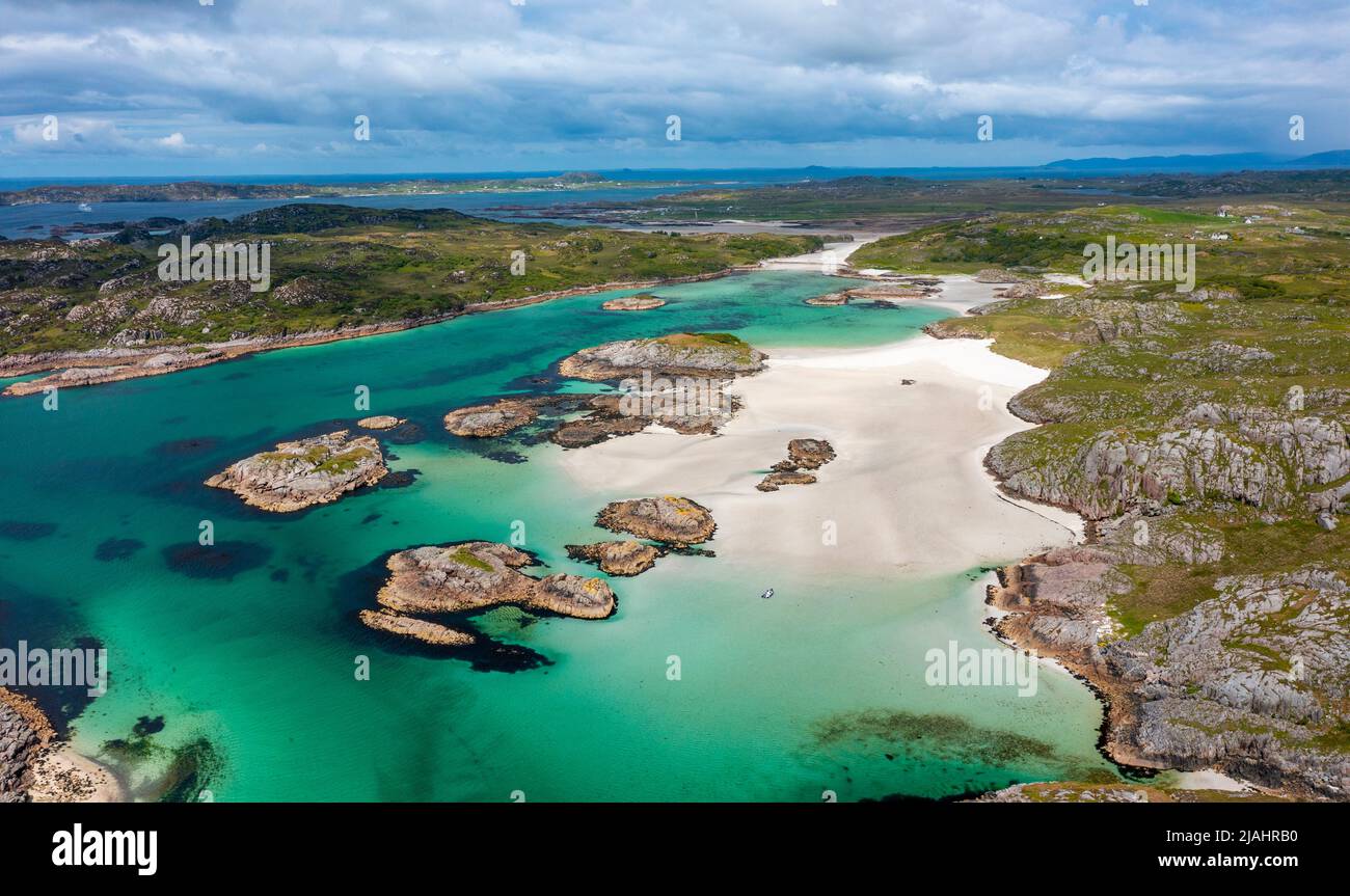Aerial view from drone of Knockvologan beach on Isle of Mull, Argyll and Bute, Scotland, UK Stock Photo