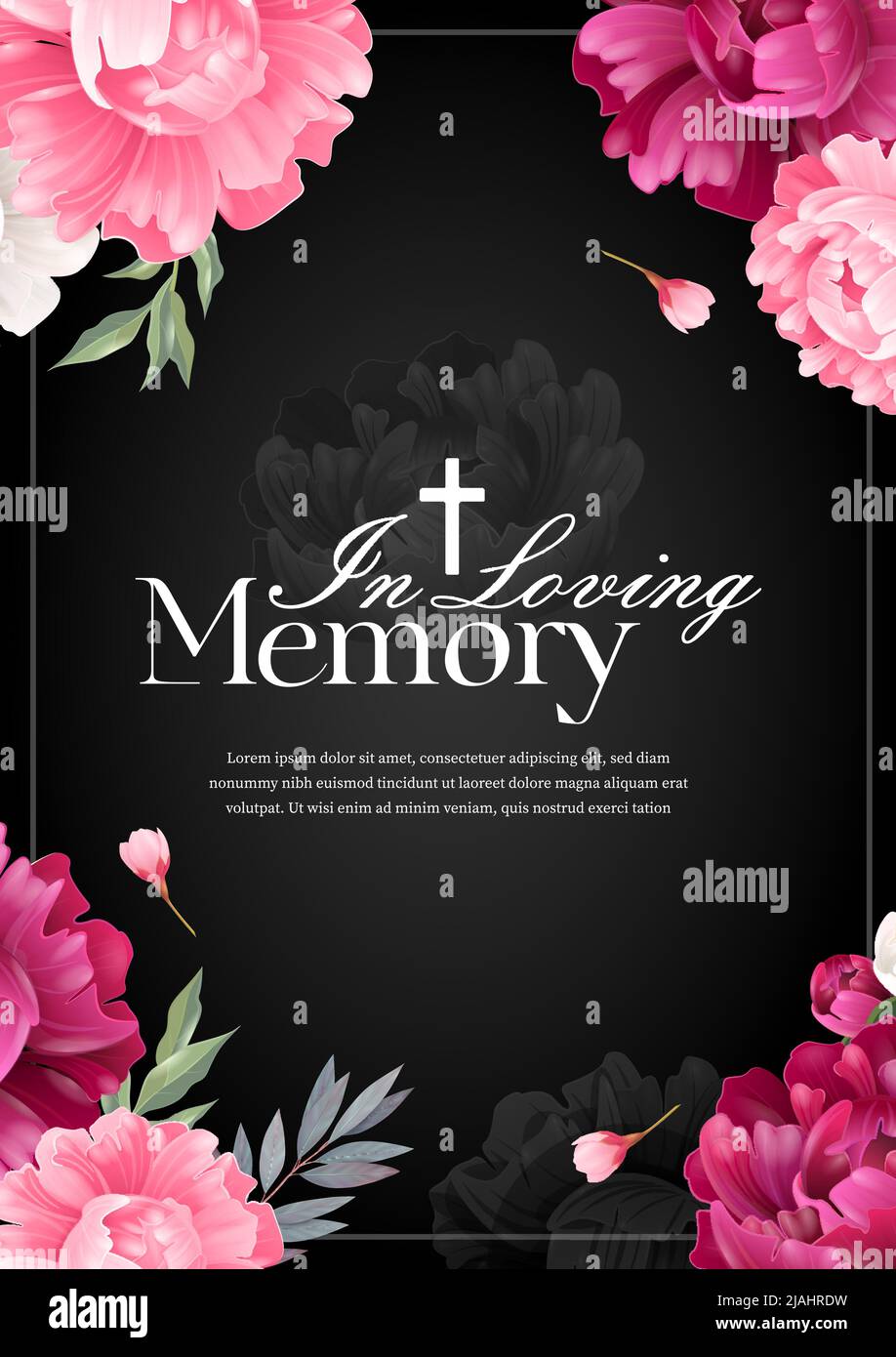 Vertical in loving memory mourning card with colored flowers on black background realistic vector illustration Stock Vector