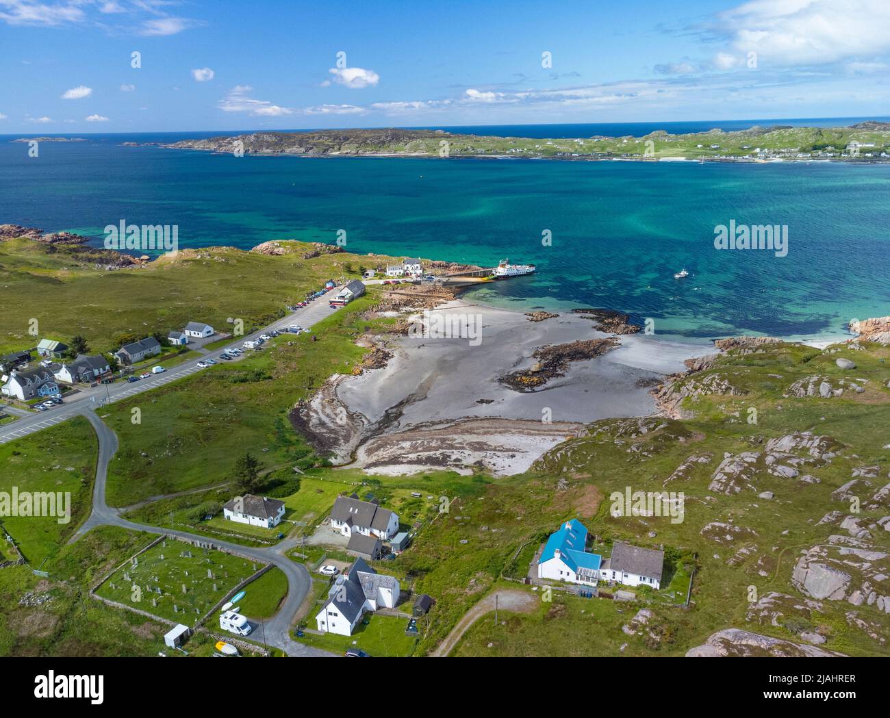 Aerial view from drone of village of Fionnphort on Isle of Mull, Argyll and Bute, Scotland, UK Stock Photo