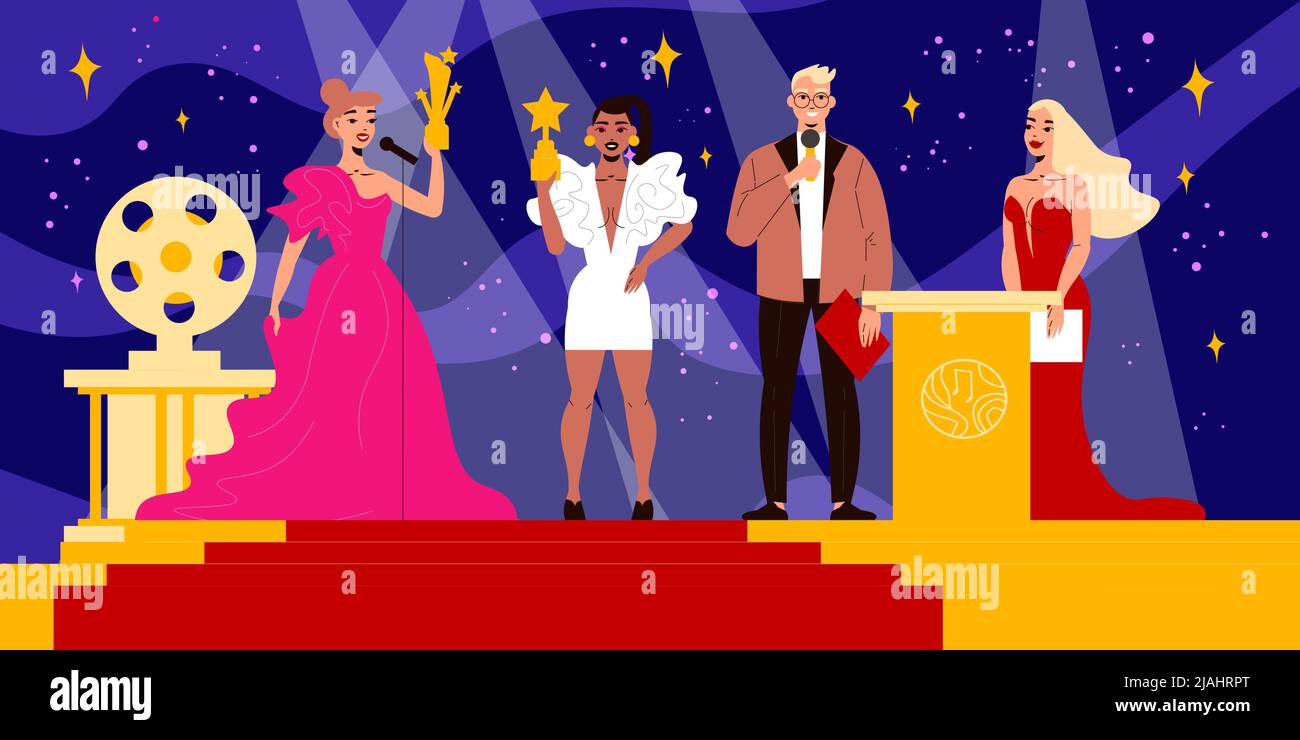 Film awards background with actress on stage symbols flat vector illustration Stock Vector