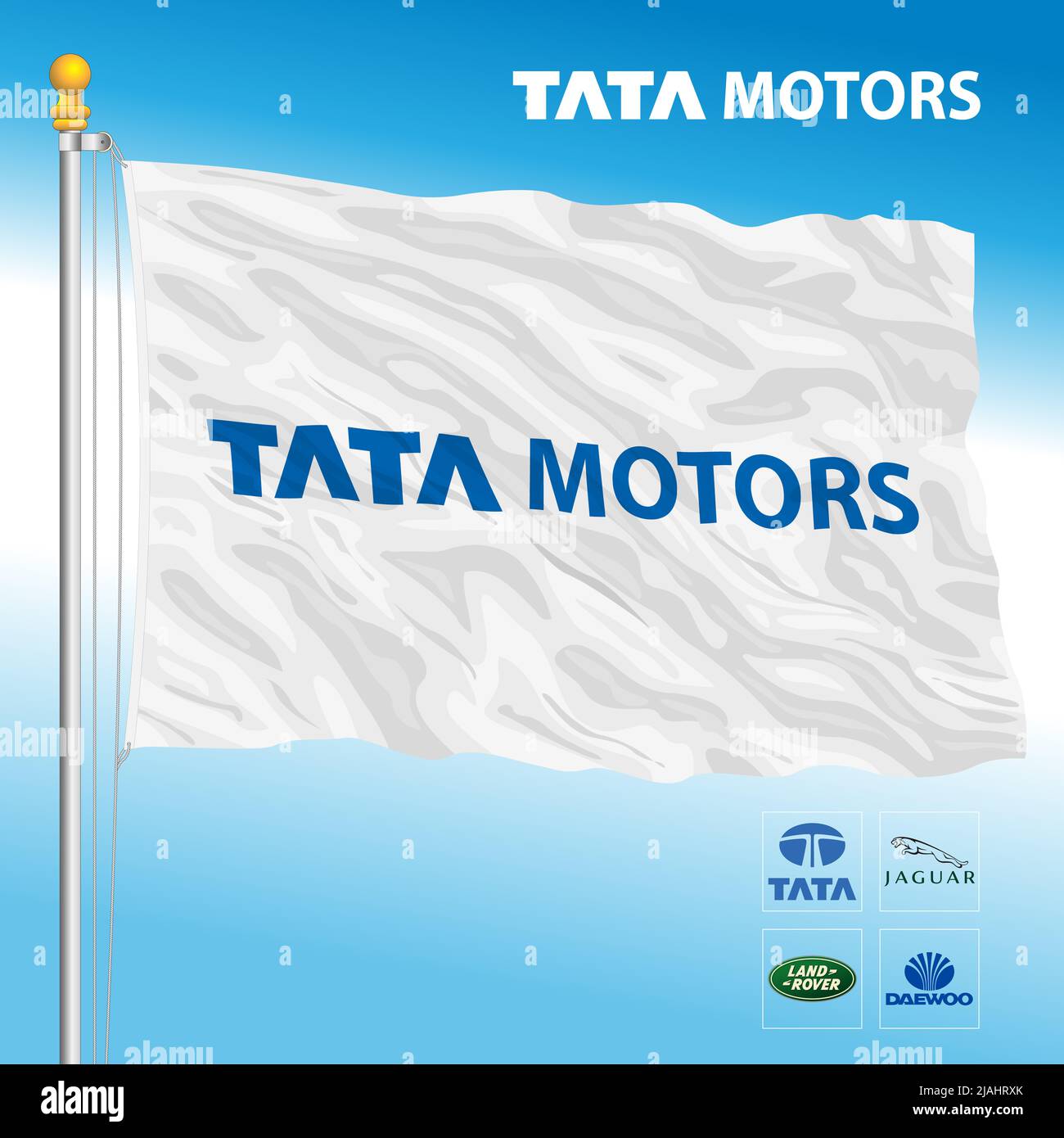 Flag of the Tata Motors automotive industrial group and brand products, illustration Stock Photo