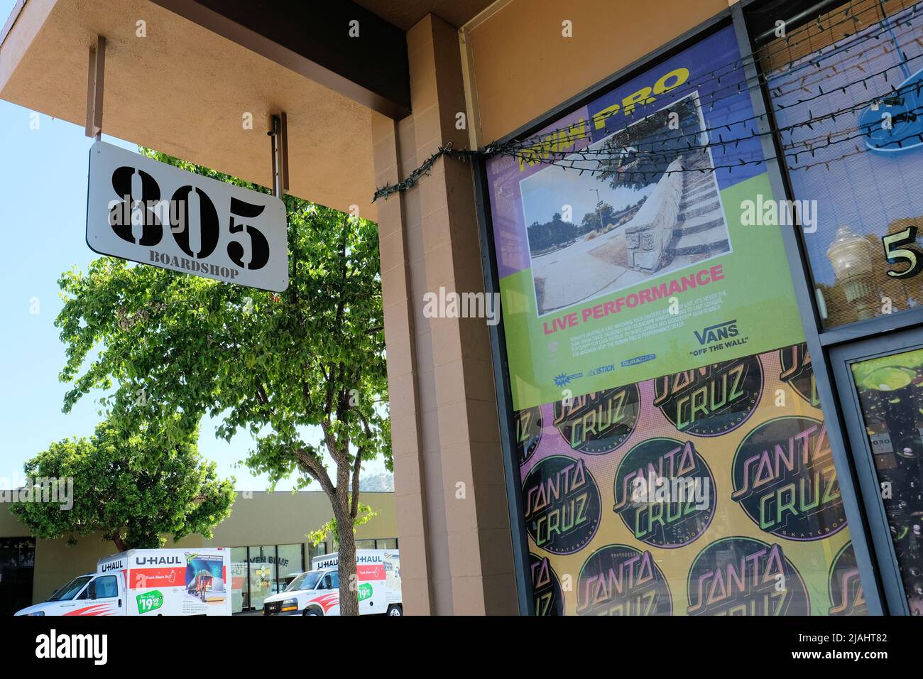 805 Boardshop sign in the Colony District in downtown Atascadero, California, USA; the prime downtown retail and restaurant district. Stock Photo