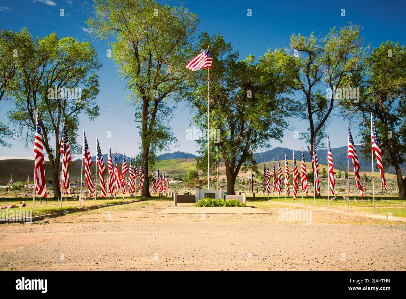 American flags on display on Memorial Day in a cemetery in Lassen County Califiornia, USA. Stock Photo