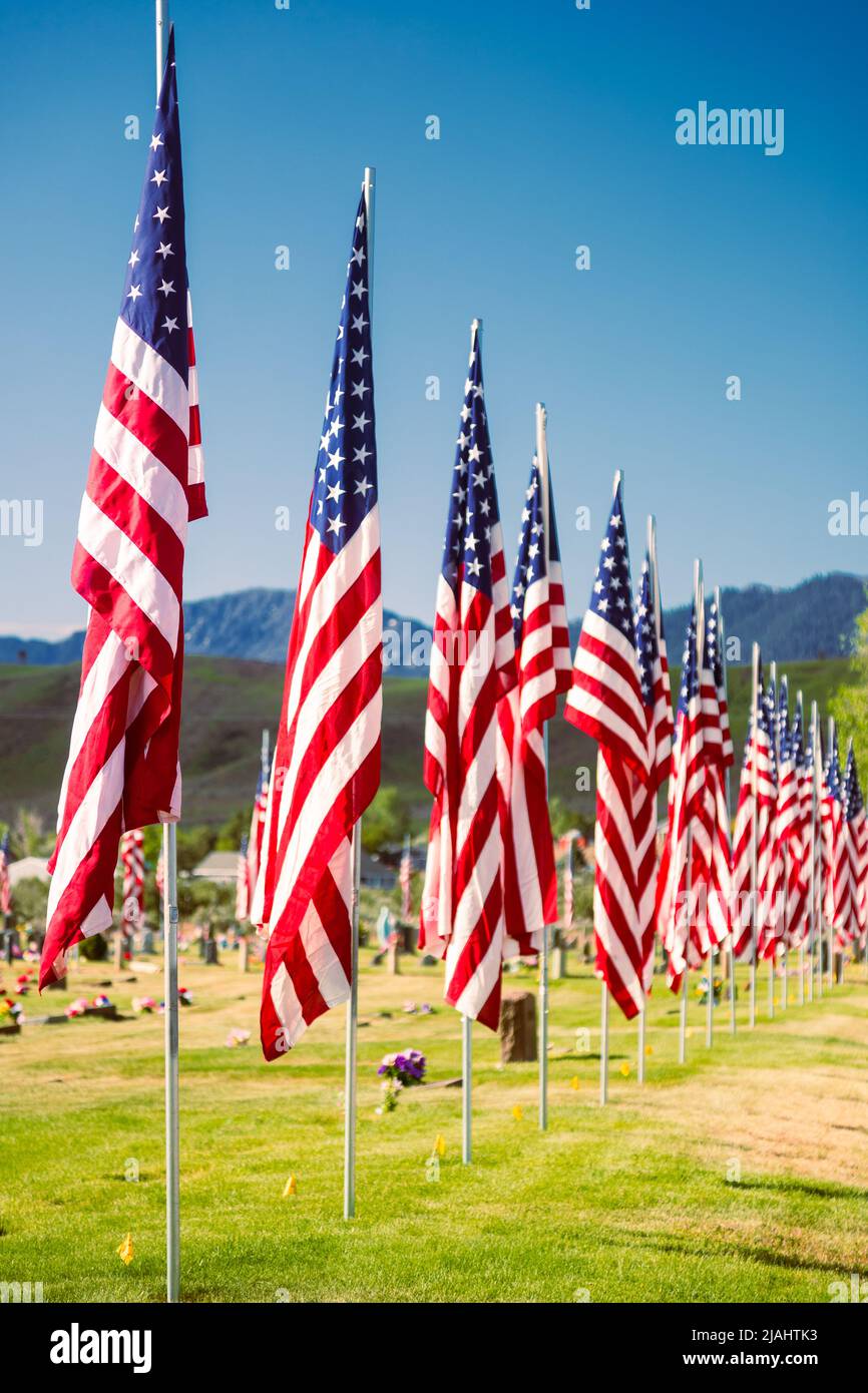 American flags on display on Memorial Day in a cemetery in Lassen County Califiornia, USA. Stock Photo