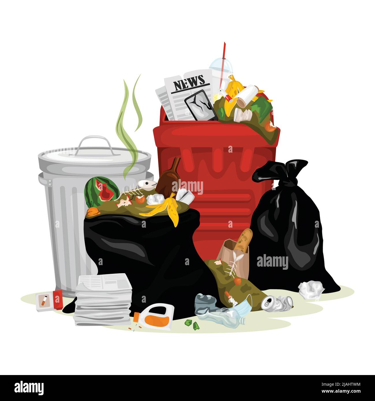 Trash garbage composition with isolated image of fulfilled bins with mixed garbage paper and