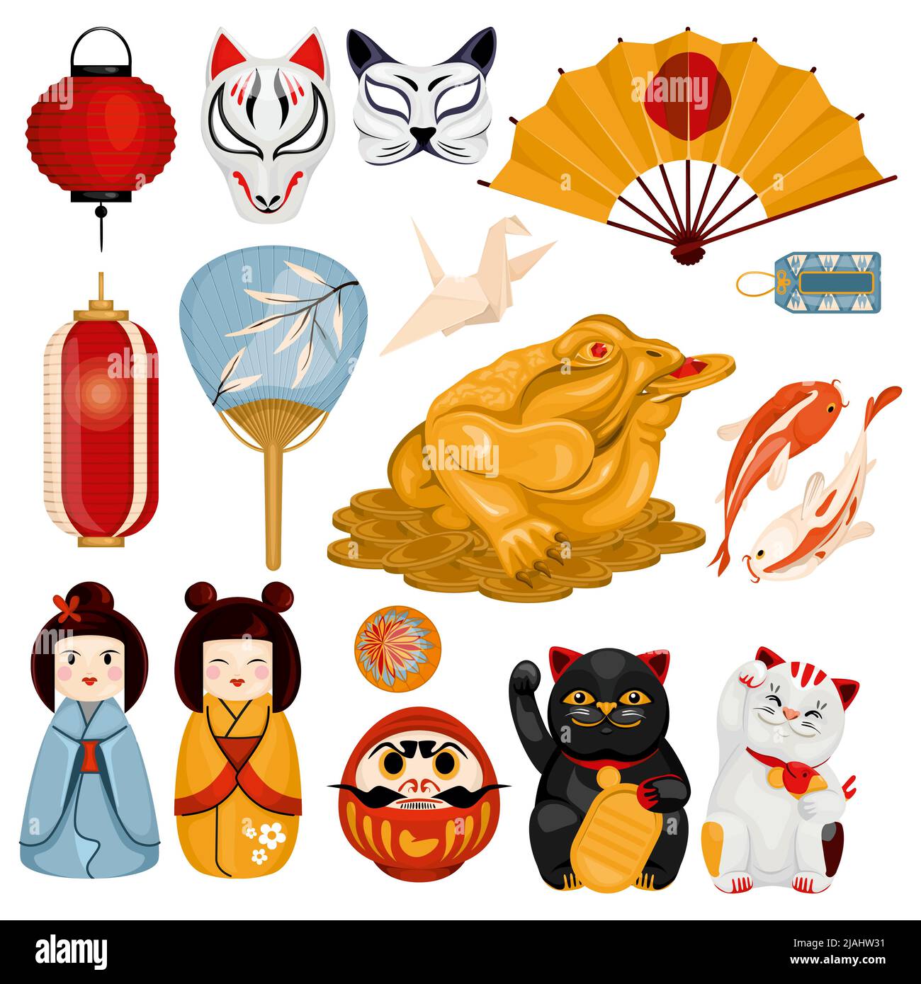 Japanese asian national cultural fortune symbols set with isolated ...