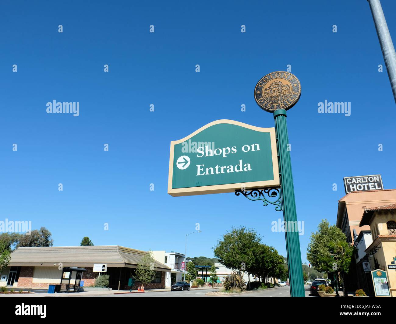 Shops on Entrada sign in the Colony District in downtown Atascadero