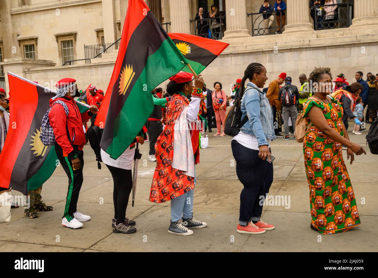 London, UK, 30th May 2022. Supporters of the Indigenous People of Biafra (IPOB) stage a colourful, tuneful and peaceful demonstration in Trafalgar Square. The protest group supports a free Biafra, a region of Nigeria. Paul Biggins/Alamy Live News Stock Photo