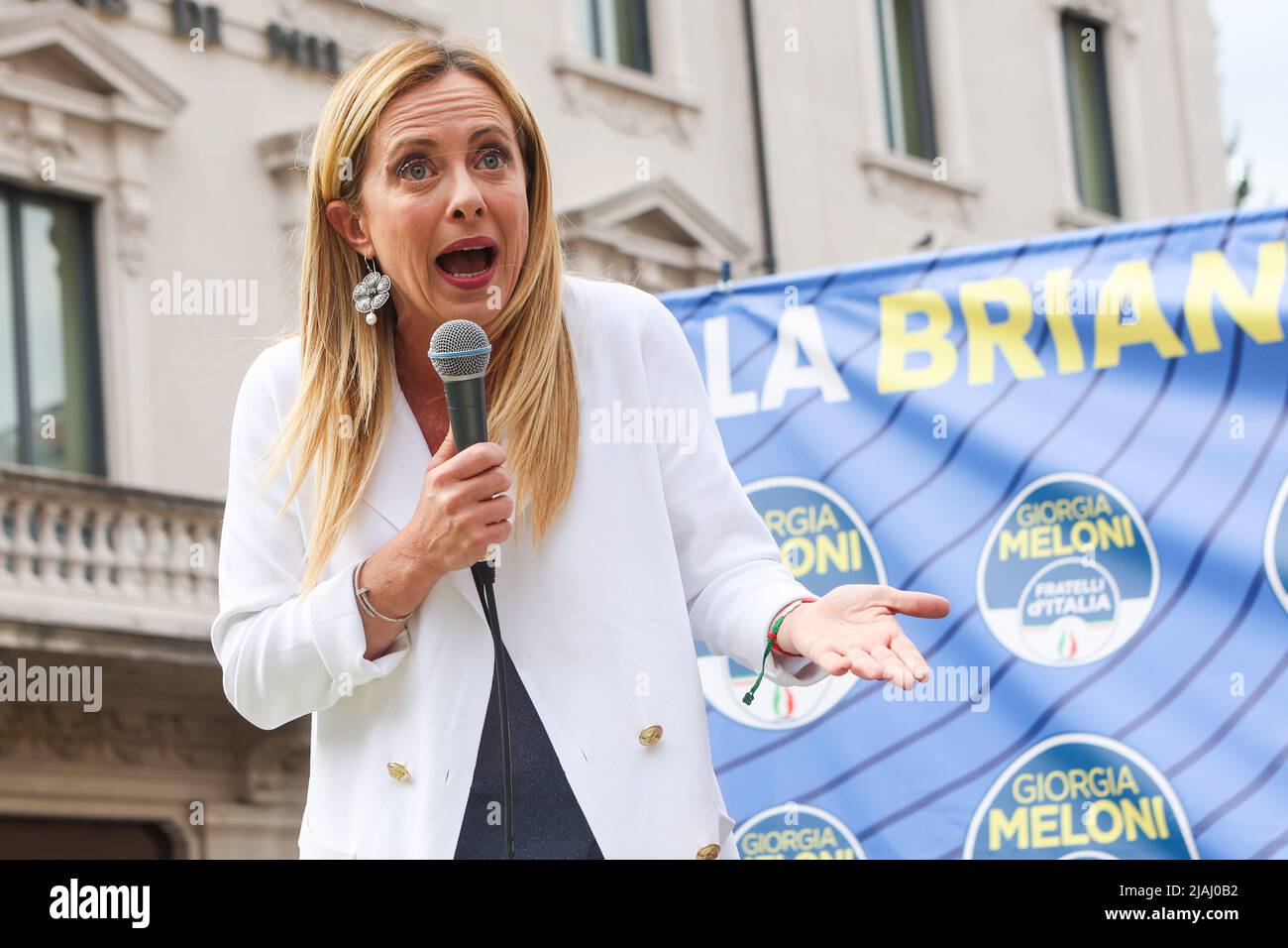 Giorgia Meloni, leader of the political party of the Fratelli d'Italia spoke in support of the center-right candidate Dario Allevi in Monza, Italy, on May 30, 2022 Stock Photo