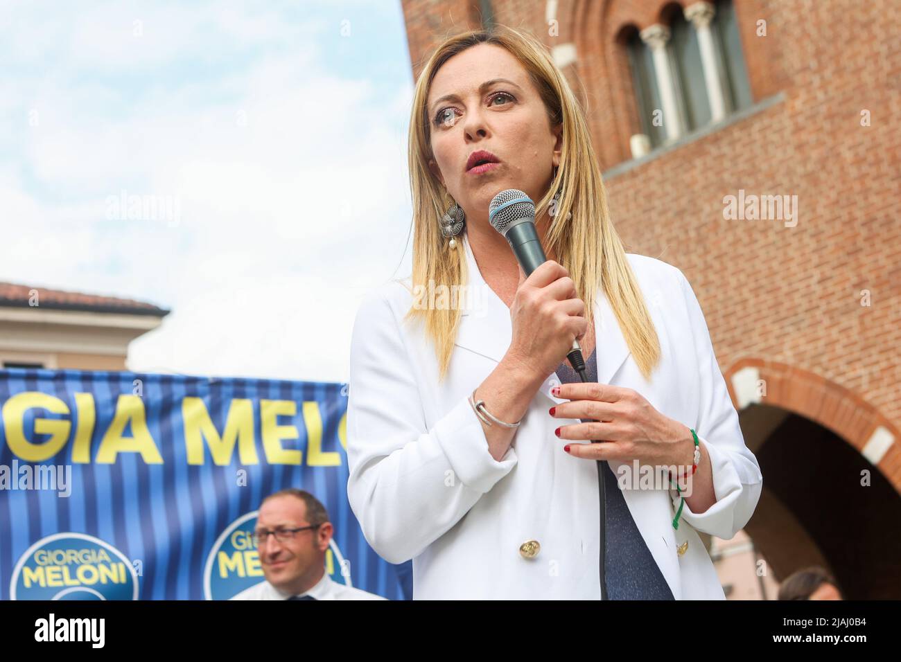 Giorgia Meloni, leader of the political party of the Fratelli d'Italia spoke in support of the center-right candidate Dario Allevi in Monza, Italy, on May 30, 2022 Stock Photo