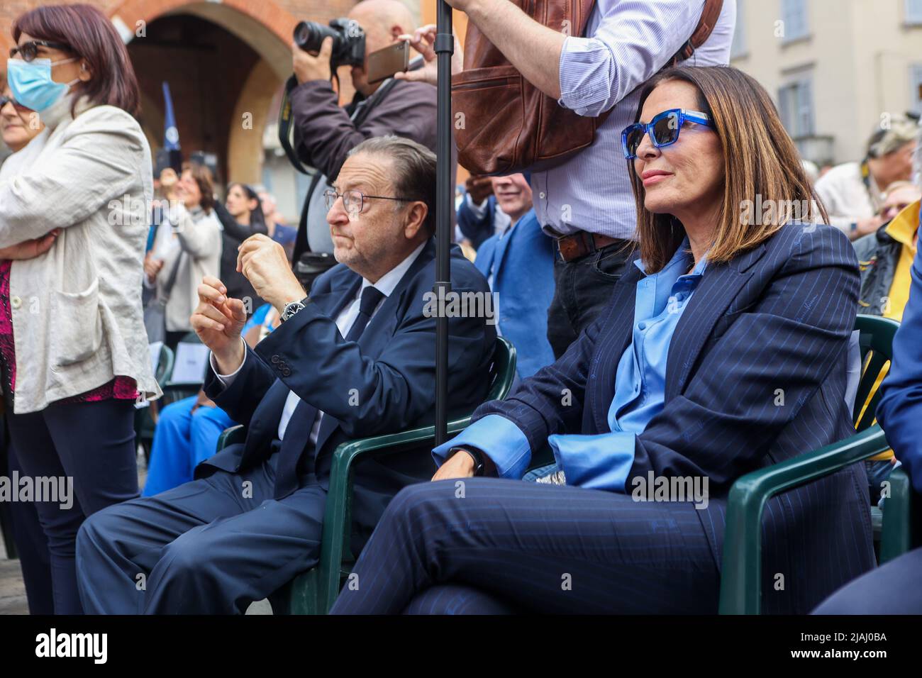 Giorgia Meloni, leader of the political party of the Fratelli d'Italia spoke in support of the center-right candidate Dario Allevi in Monza, Italy, on May 30, 2022 Stock Photo