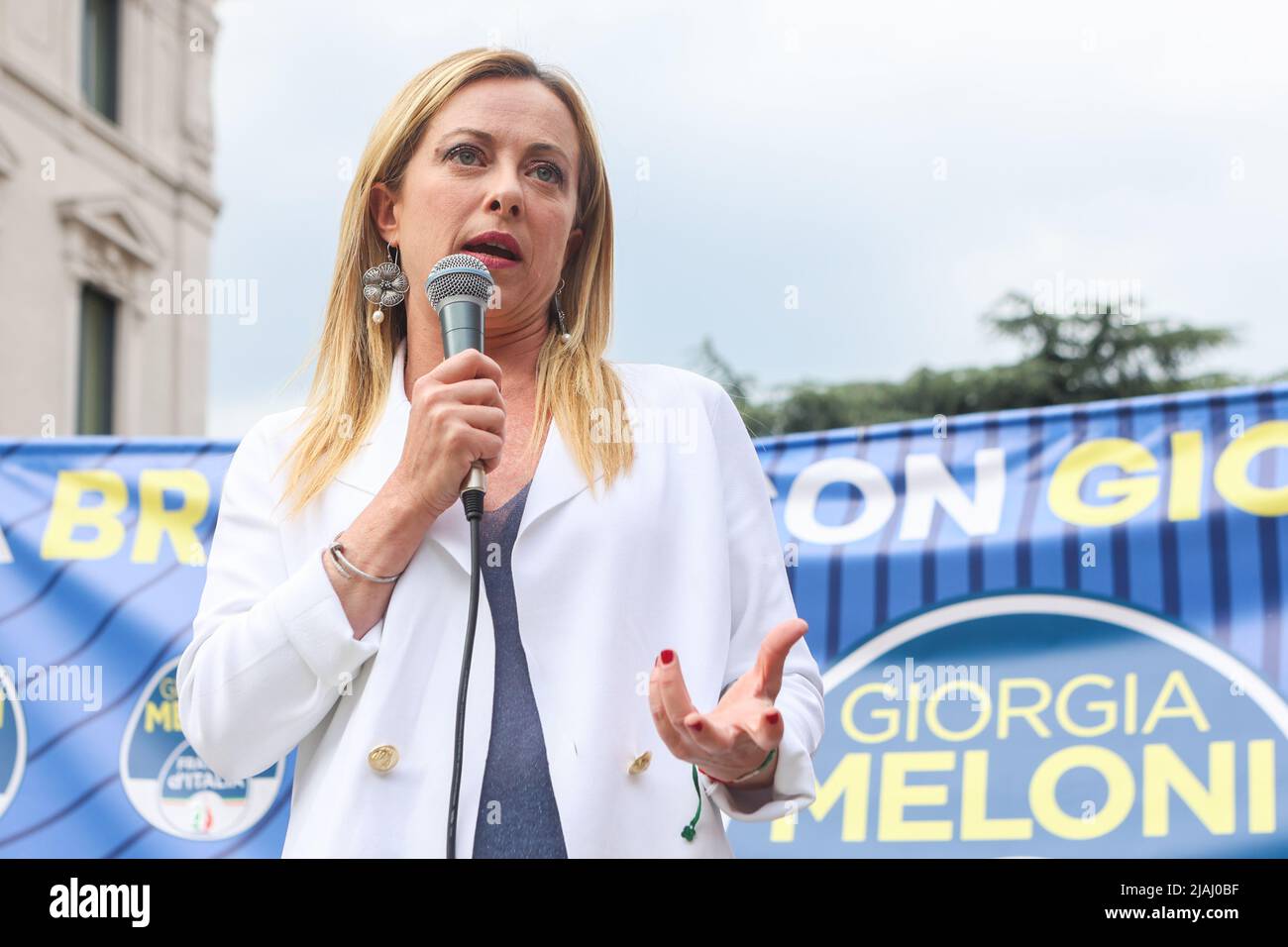 Giorgia Meloni, leader of the political party of the Fratelli d'Italia spoke in support of the center-right candidate Dario Allevi in Monza, Italy, on May 30, 2022 Stock Photo