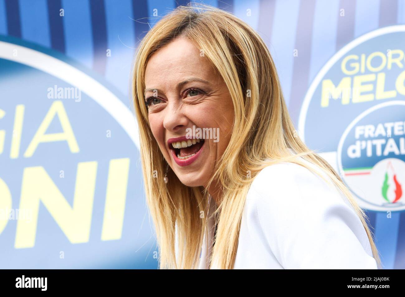 Giorgia Meloni, leader of the political party of the Fratelli d'Italia spoke in support of the center-right candidate Dario Allevi in Monza, Italy, on May 30, 2022 Stock Photo