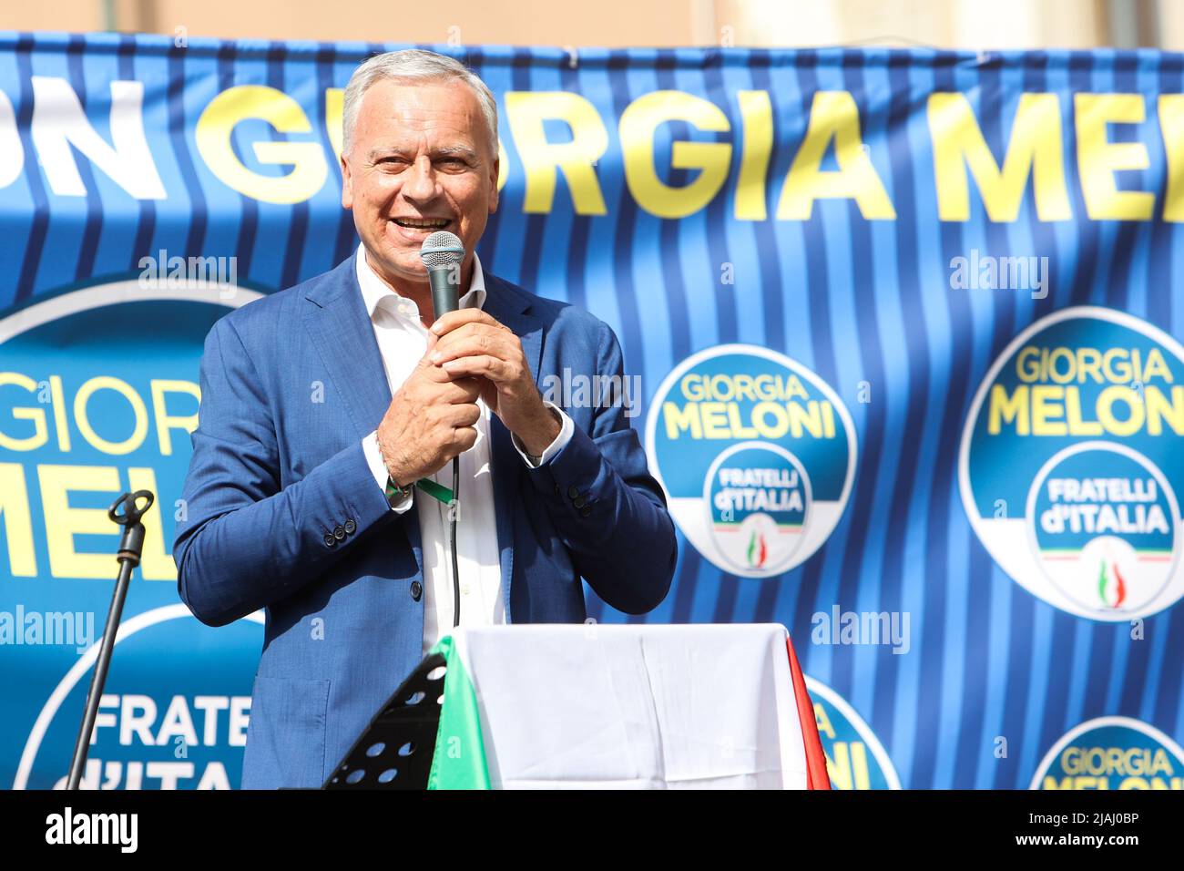 Dario Allevi is seen while Giorgia Meloni, leader of the political party of the Fratelli d'Italia spoke in support of the center-right candidate Dario Allevi in Monza, Italy, on May 30, 2022 Stock Photo