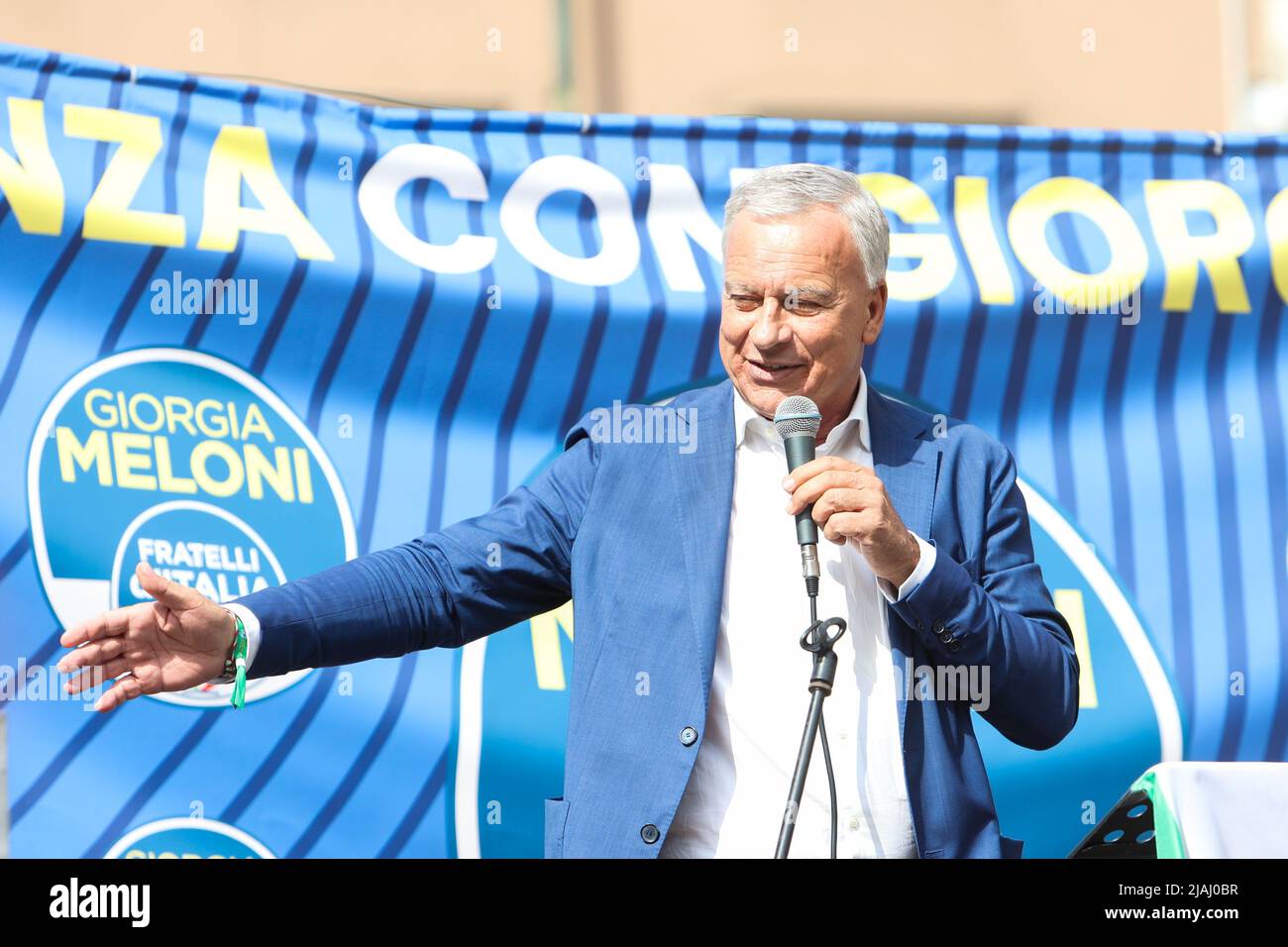 Dario Allevi is seen while Giorgia Meloni, leader of the political party of the Fratelli d'Italia spoke in support of the center-right candidate Dario Allevi in Monza, Italy, on May 30, 2022 Stock Photo