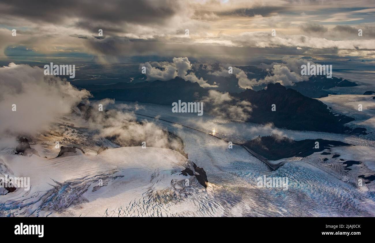Aerial of the Vatnajokull Glacier Descending to the Sea, Iceland Stock Photo