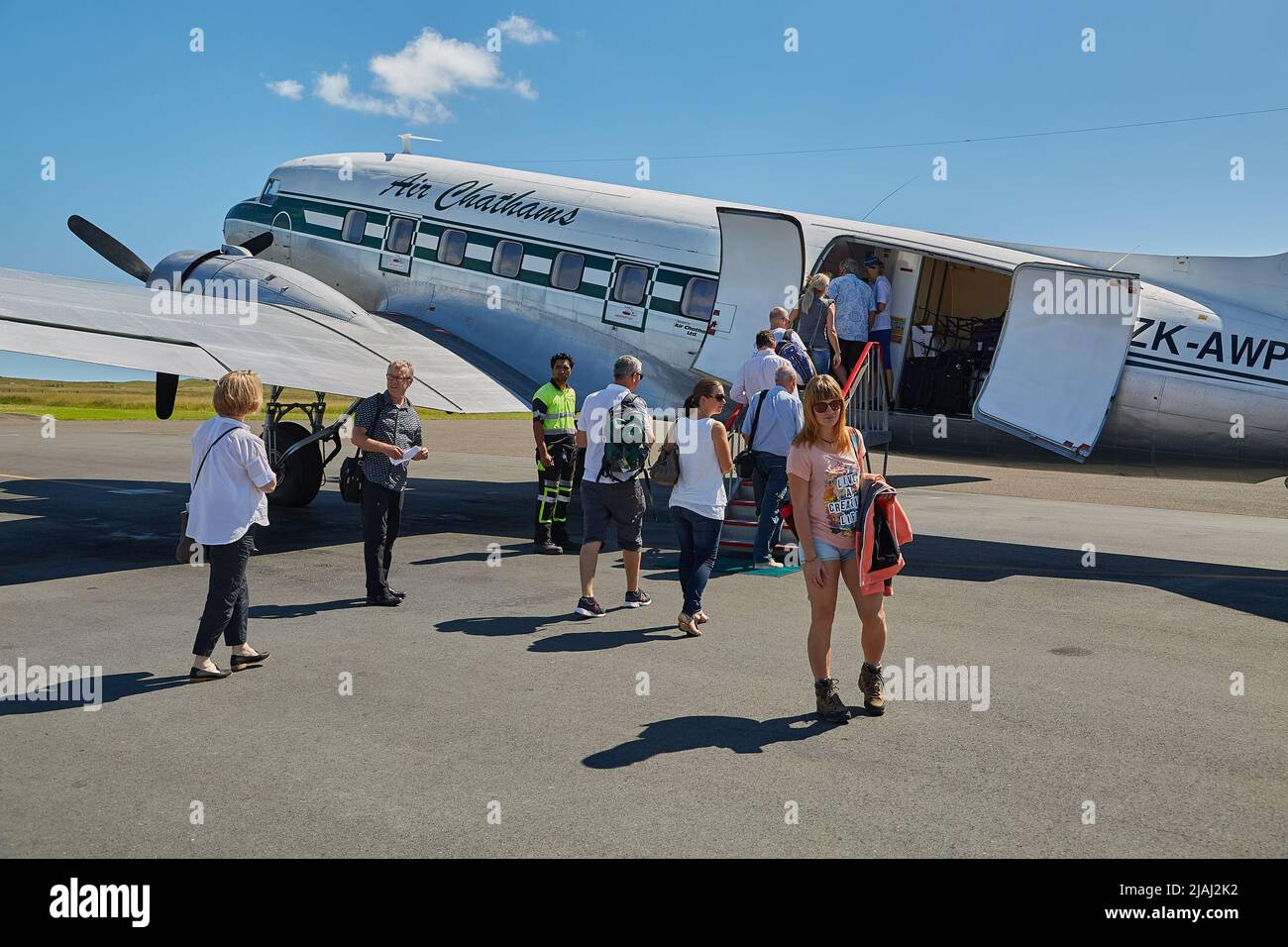 DC-3 at the airport, passangers boarding Stock Photo