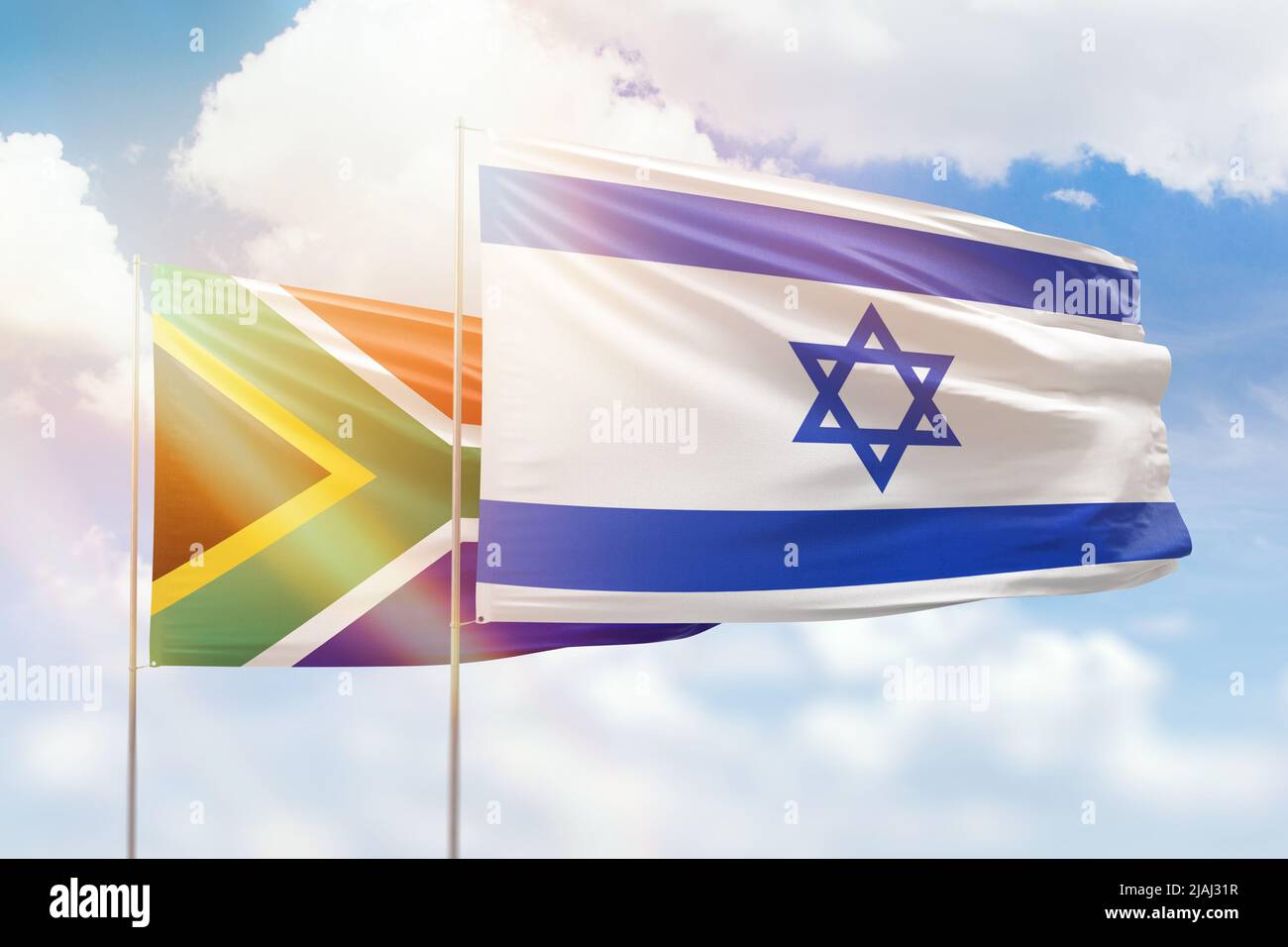 Sunny blue sky and flags of israel and south africa Stock Photo - Alamy