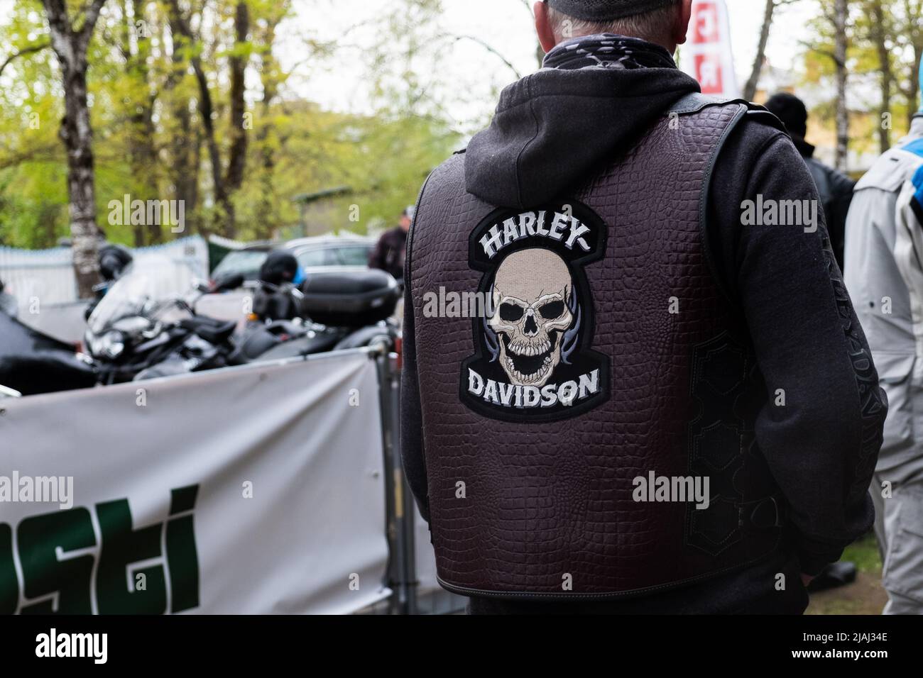 Estonian Motorcycle Season Opening. Man with Harley Davidson leather vest. Motorcyclist gathering parade or rally. Stock Photo