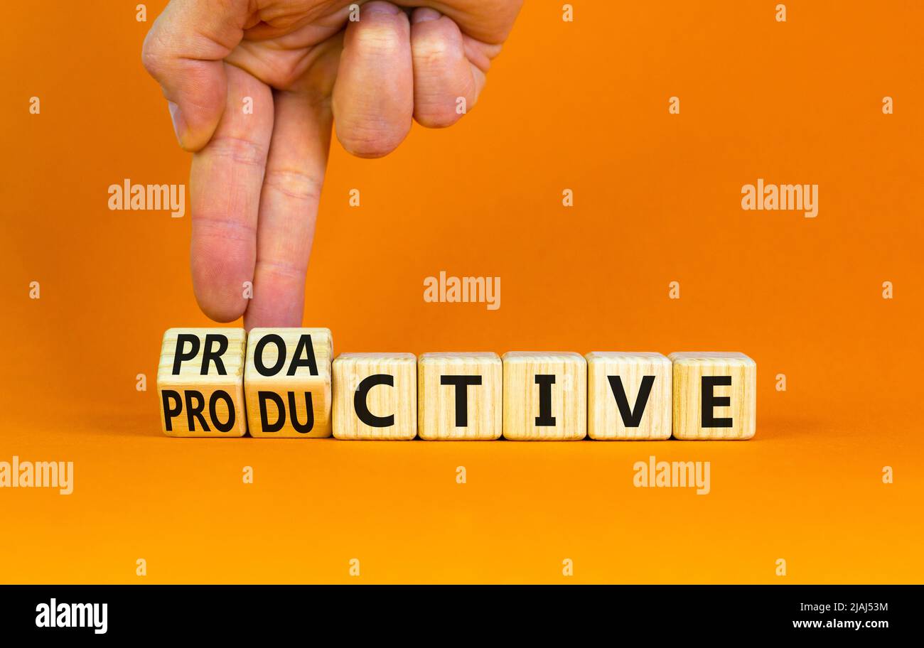 Proactive and productive symbol Businessman turns cubes and changes Proactive and productive symbol Businessman turns cubes and changes