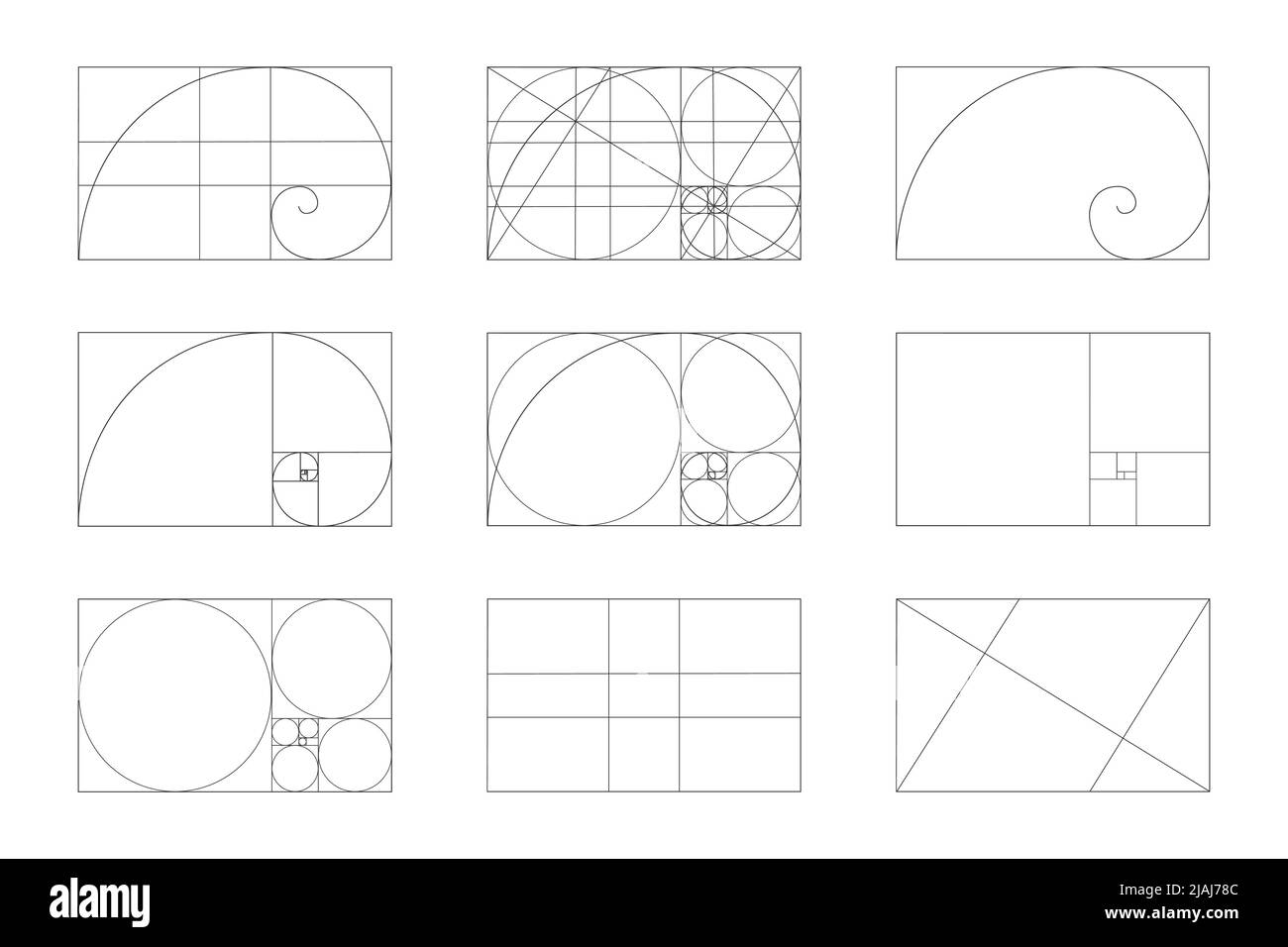 Golden ratio template set. Fibonacci sequence signs. Logarithmic spiral