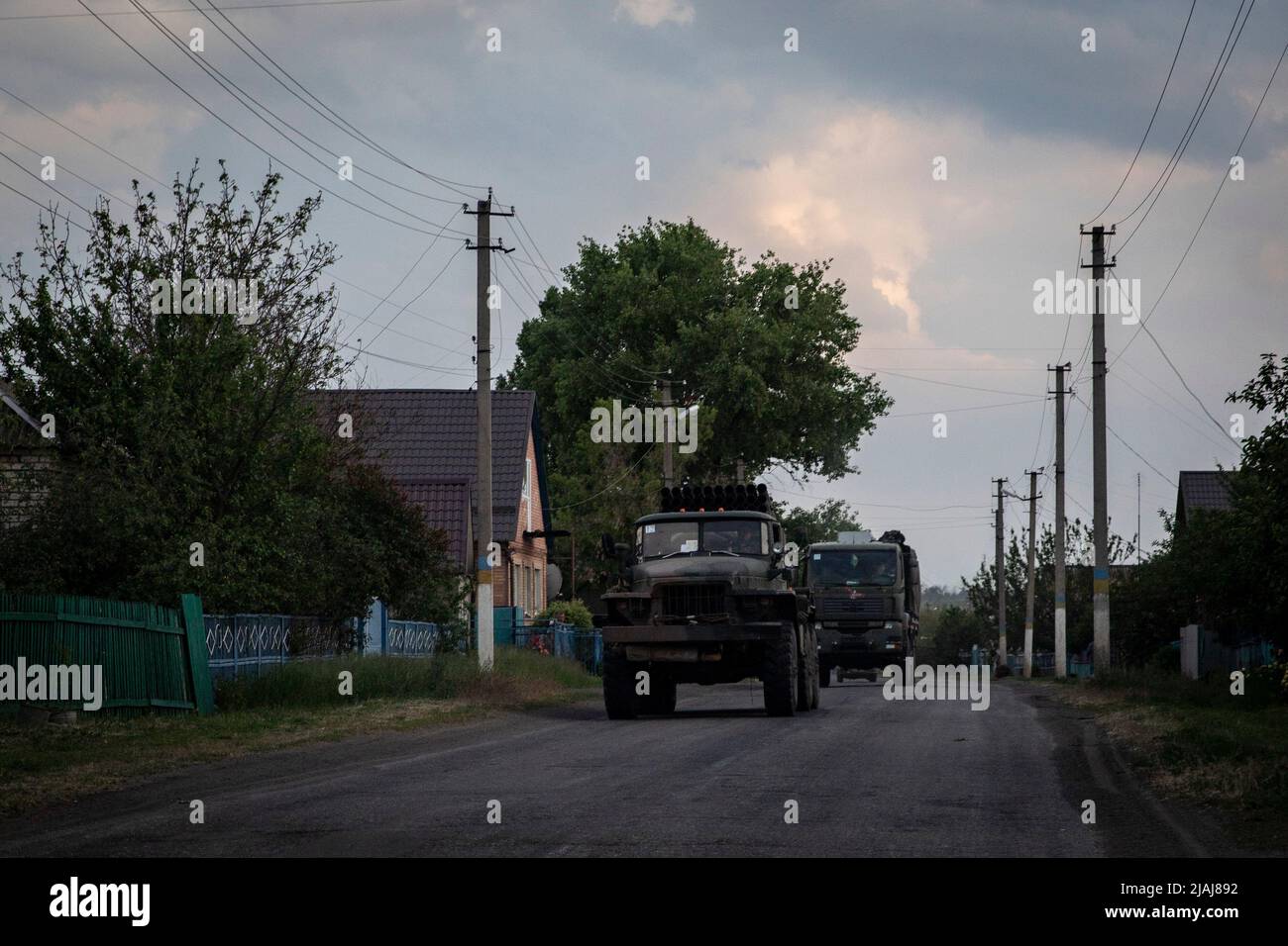 Lysychansk, Ukraine. 28th May, 2022. Ukrainian MLRS vehicles can be seen in Lysychansk, Luhansk. As Russian troops launching the offensive from multiple directions, hoping to cut off Ukrainian supplies and reinforcements and gain full control of the Luhansk Oblast, the town of Lysychansk connecting Severodoonetsk is heavily bombarded and sieged. Credit: SOPA Images Limited/Alamy Live News Stock Photo