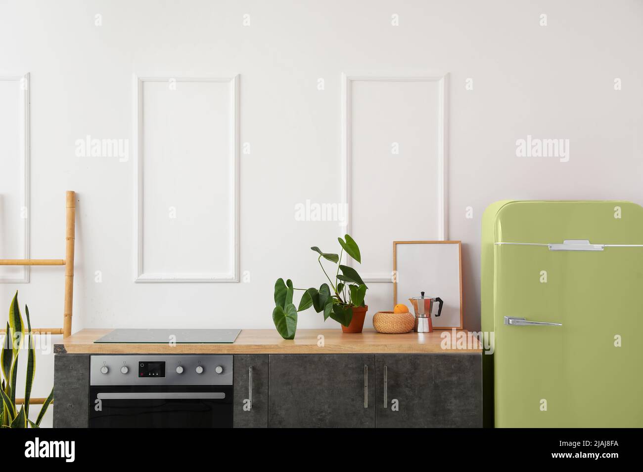 Interior of modern kitchen with stylish vintage refrigerator Stock ...