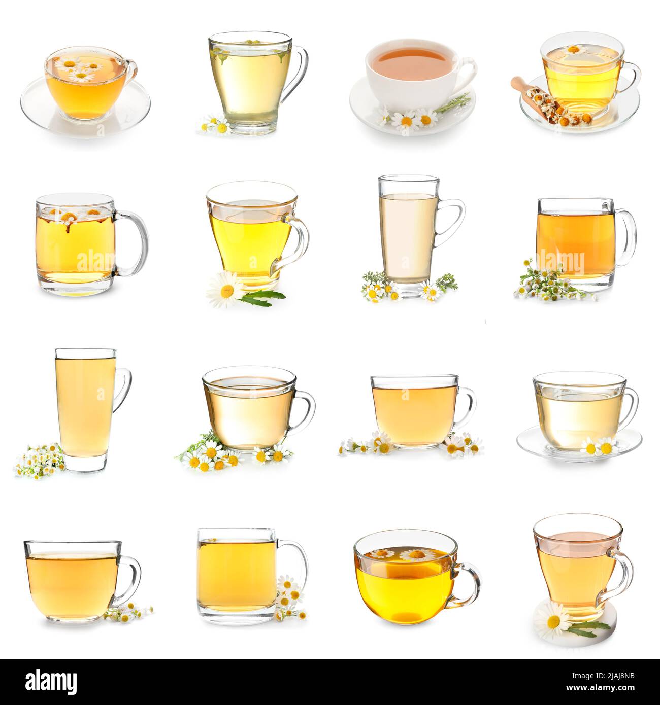 Set of healthy chamomile tea isolated on white Stock Photo - Alamy