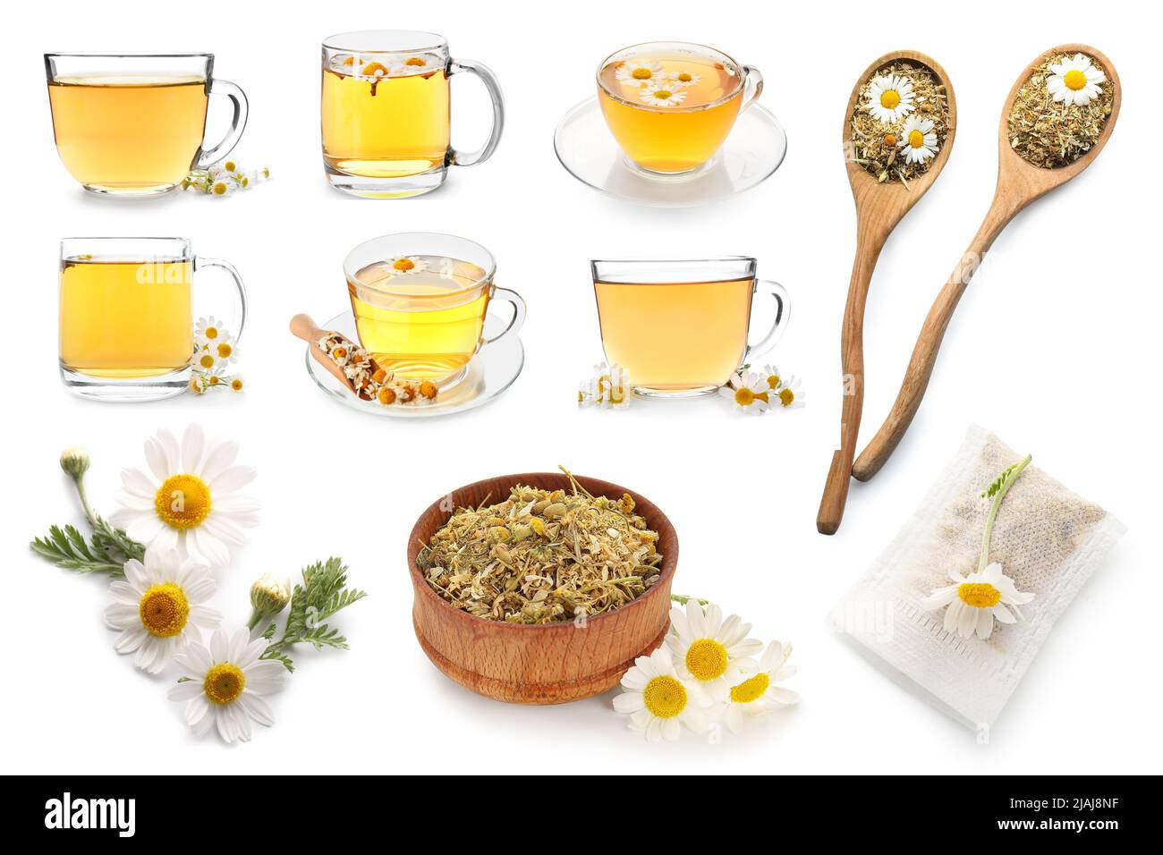 Set of healthy chamomile tea isolated on white Stock Photo - Alamy