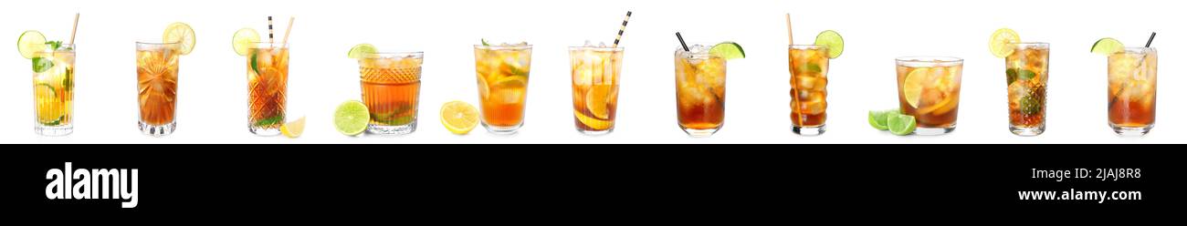 Glasses of tasty Long Island iced tea on white background Stock Photo ...