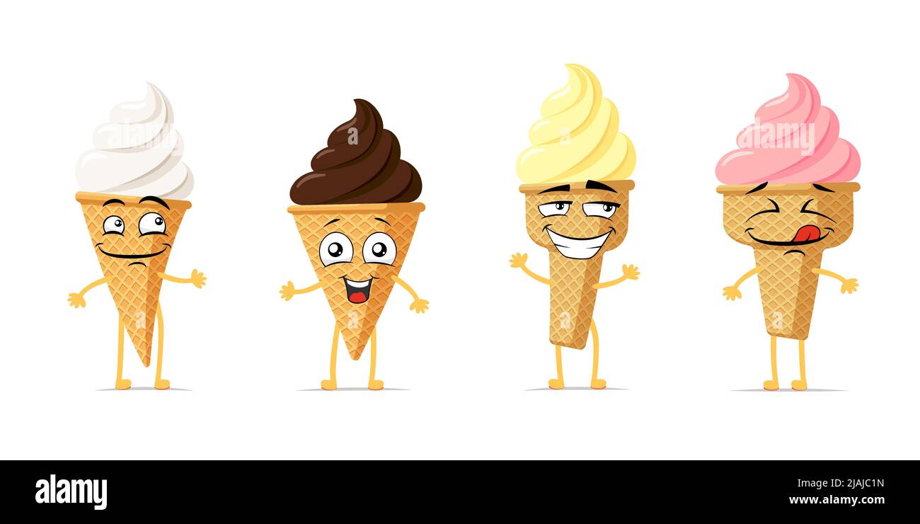 Ice cream in waffle cone funny smiling cartoon character set. Sundae cute happy face expression mascot collection. Multicolor taste twisted popsicle different comic emoticons vector eps illustration Stock Vector Image & Art - Ice cream in waffle cone funny smiling cartoon character set. Sundae cute happy face expression mascot collection. Multicolor taste twisted popsicle different comic emoticons vector eps illustration Stock Vector Image & Art -