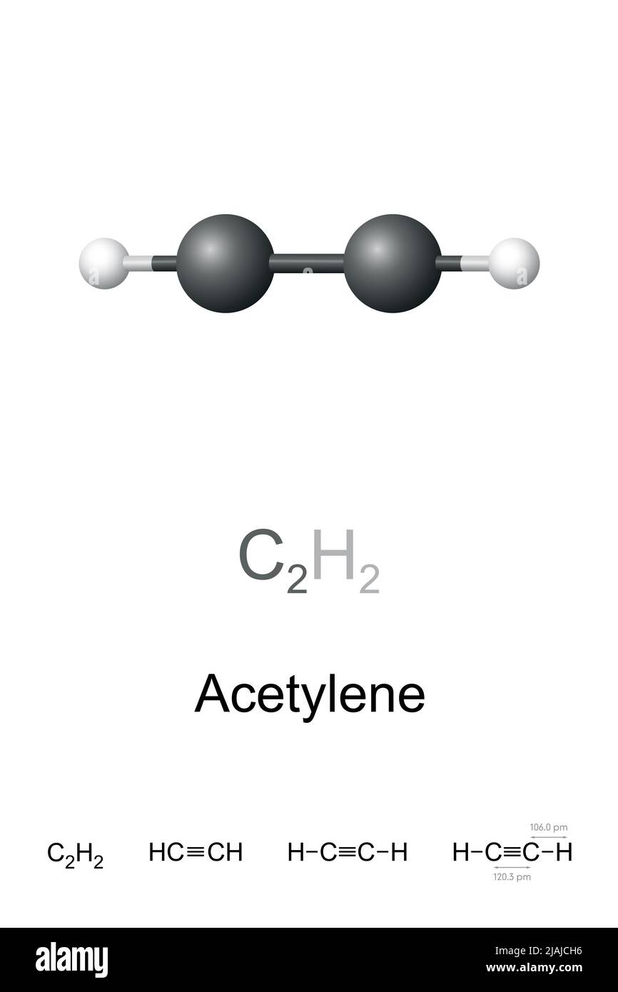 Acetylene, ethyne, ball-and-stick model, molecular and chemical formula. C2H2, hydrocarbon and simplest alkyne. Stock Photo