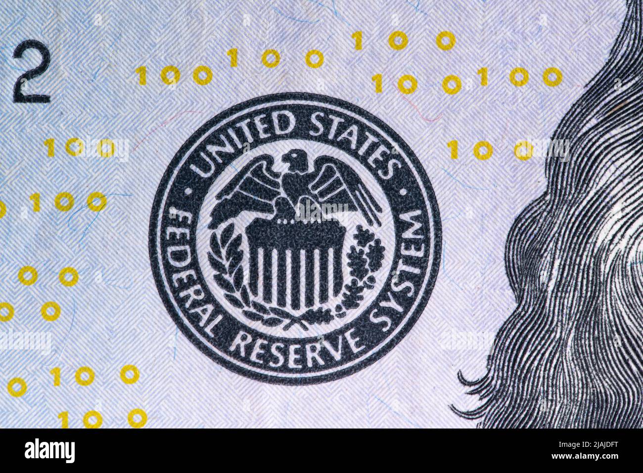 Seal of the United States Federal Reserve system on the one hundred dollar banknote Stock Photo