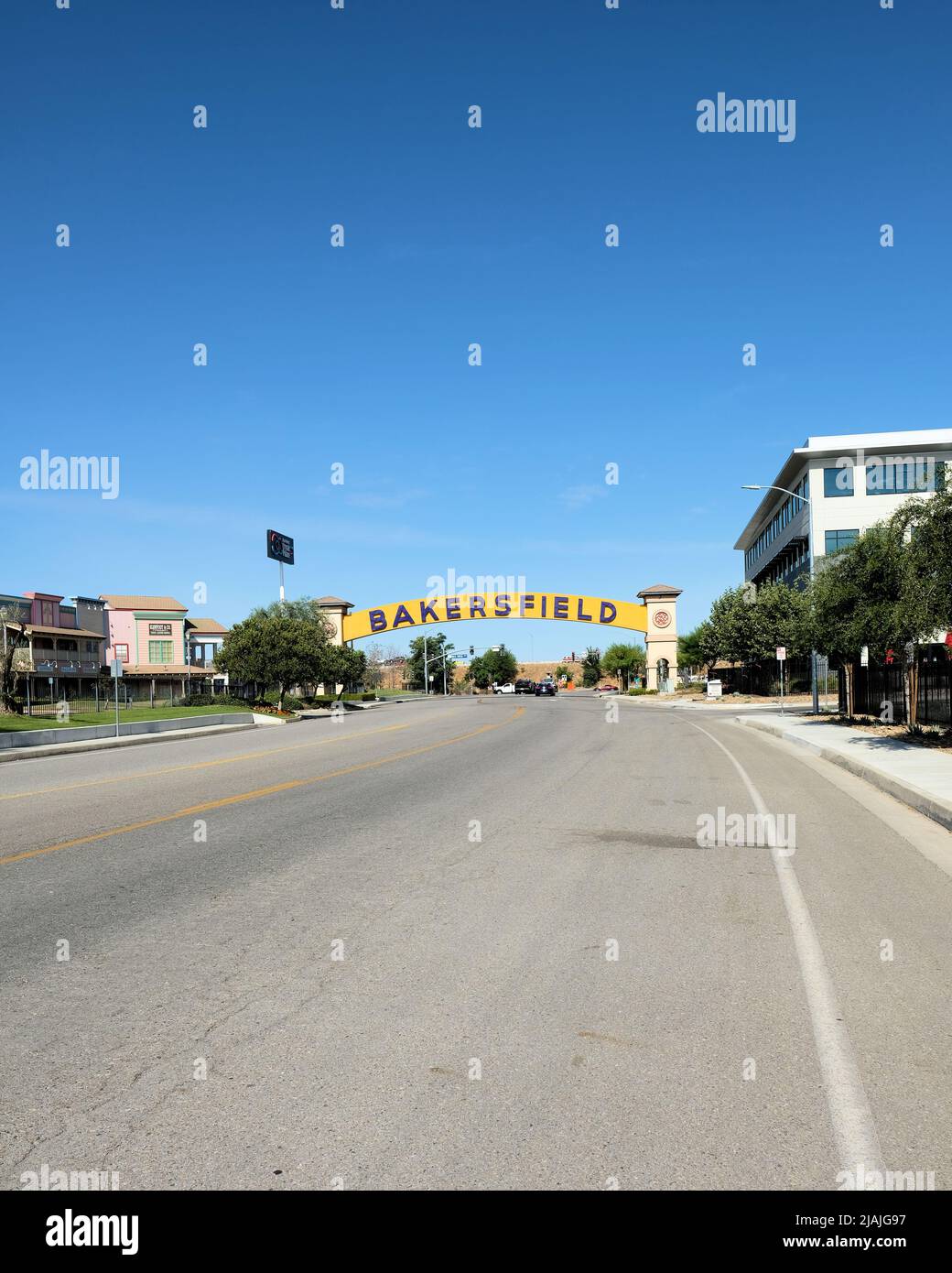 Bakersfield archway sign in Bakersfield, California, USA; local landmark at the corner Sillect Avenue and Buck Owens Boulevard near downtown. Stock Photo