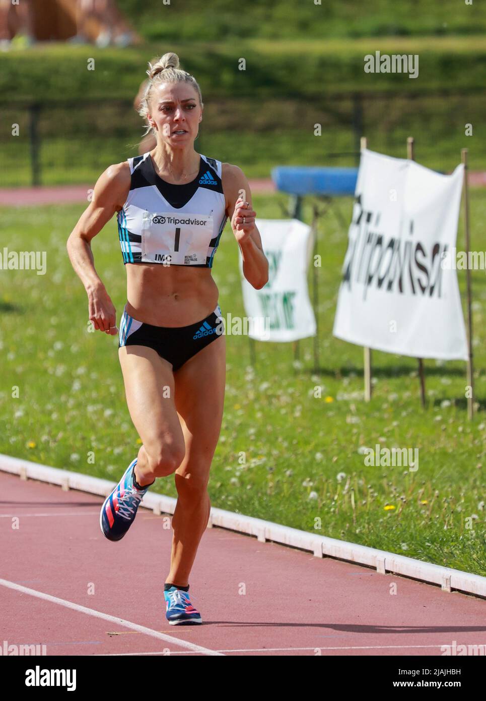 British female track athlete Olympian Alexandra Bell running in 1500m track event at Mary Peters